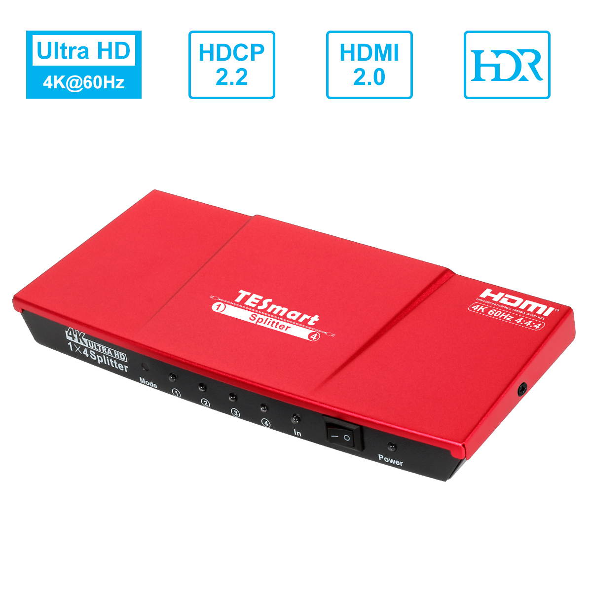 TESmart 1x4 HDMI Splitter 4K@60Hz 4:4:4 (RED)