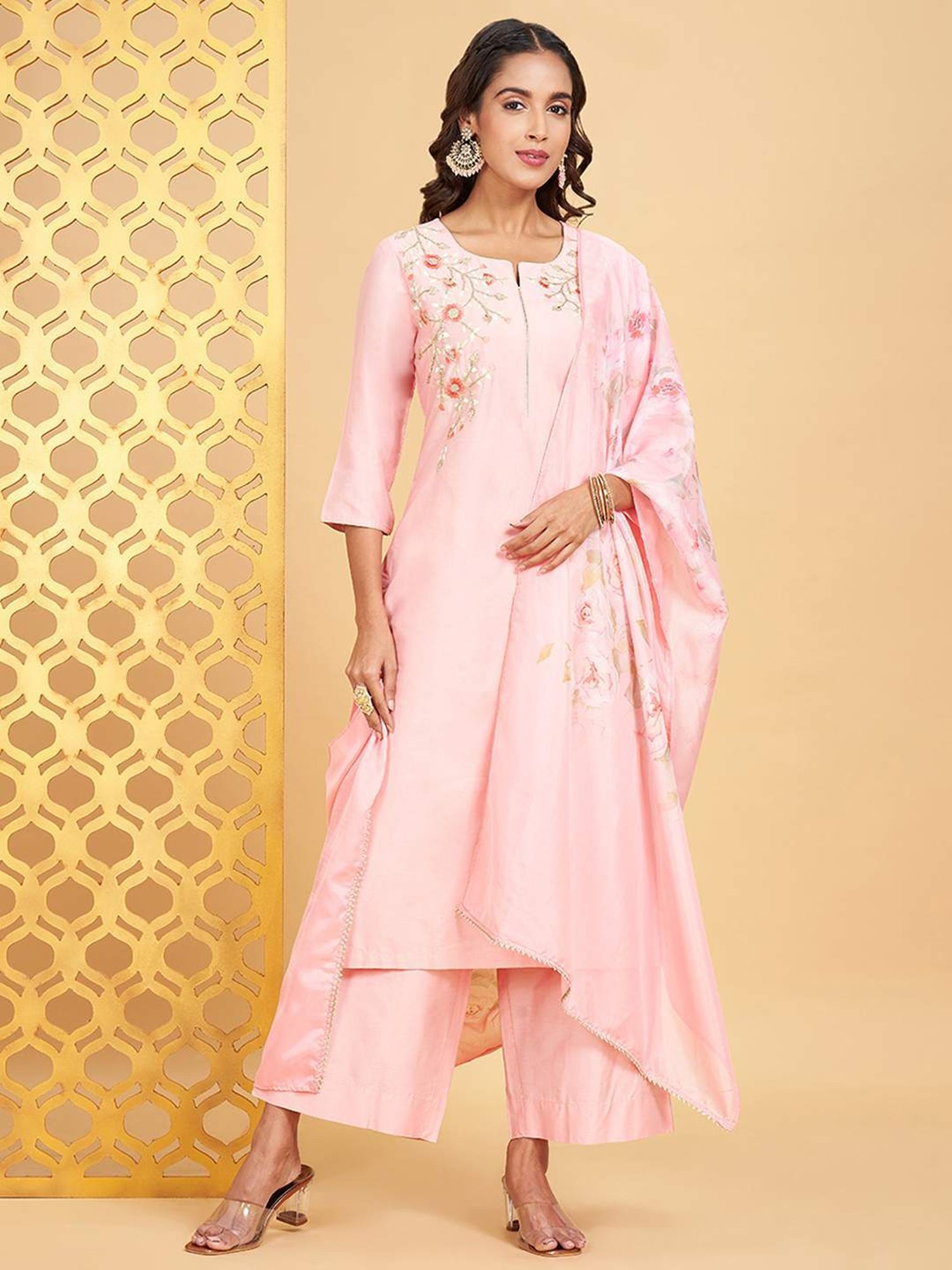 Rangmanch by Pantaloons Baby Pink Embroidered Kurta Palazzo Set With Dupatta