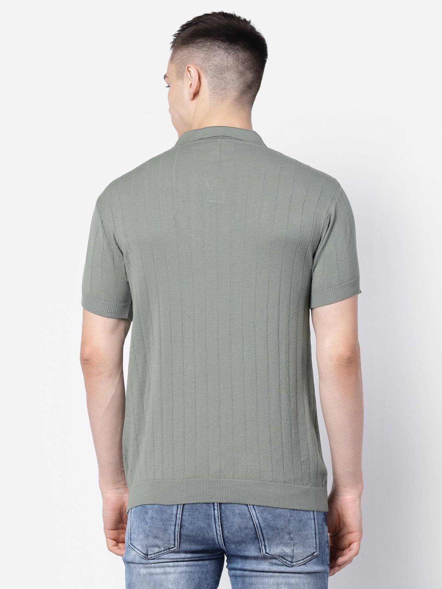 Kalt Light Green Regular Fit Striped Polo T-Shirt