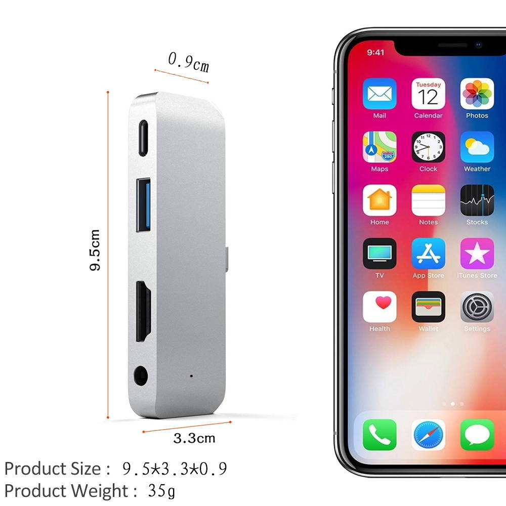 Jansicotek USB C Hub, 4 in 1 Type C Hub Adapter with 1 USB 3.0 Port, 3.5mm Headphone Jack, PD Charging and 4k HDMI, for iPad Pro 11"/12.9" 2018 & MacBook Pro and Other Type C Devices, Silver