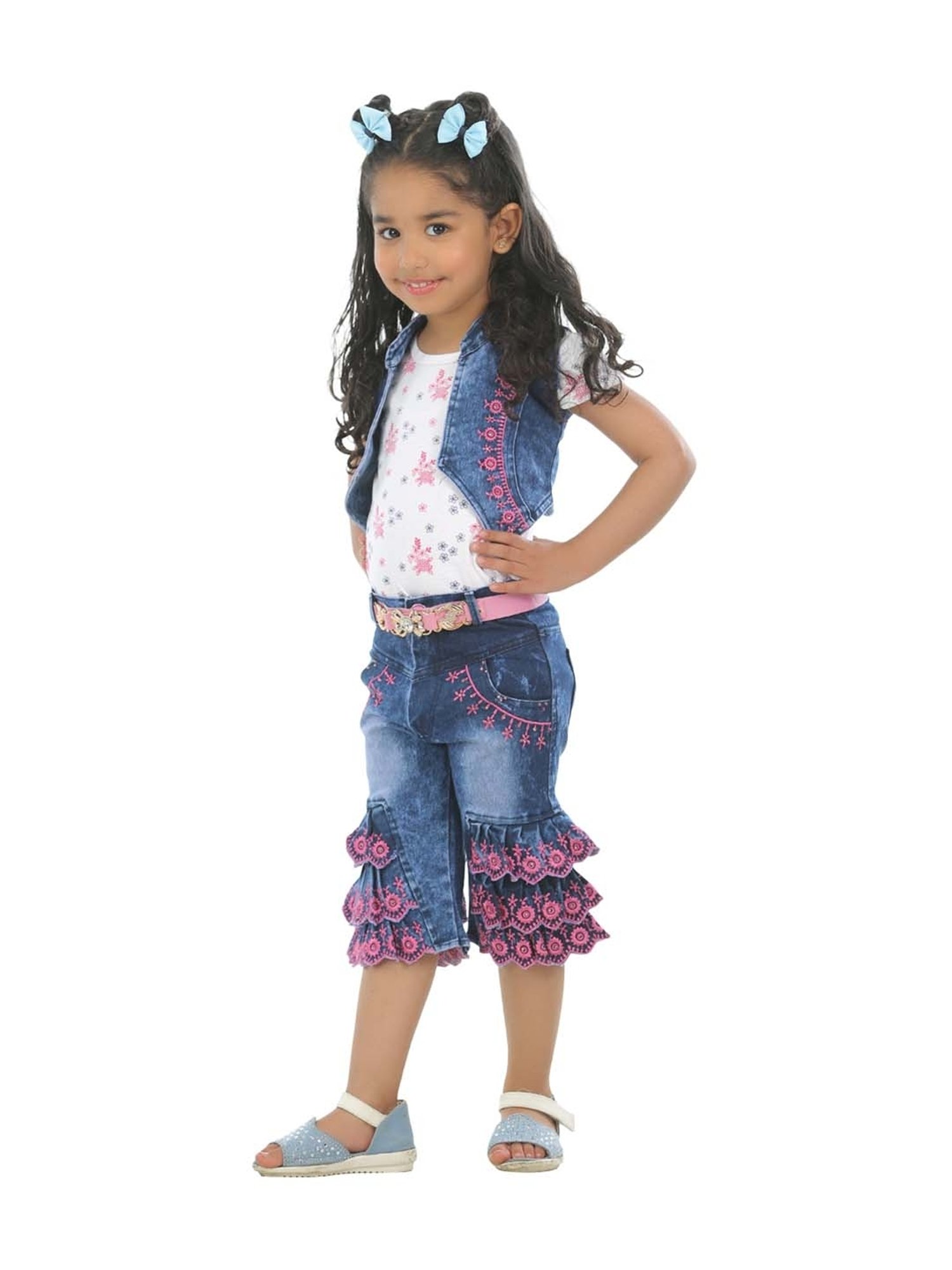 Ahhaaaa Kids White & Blue Floral Print Top Set