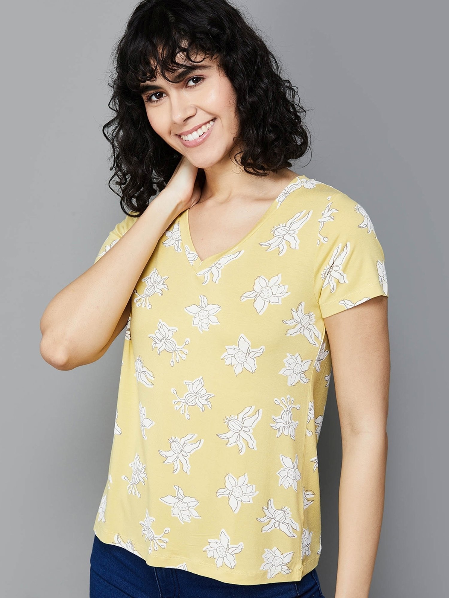 Colour Me by Melange Yellow Printed T-Shirt