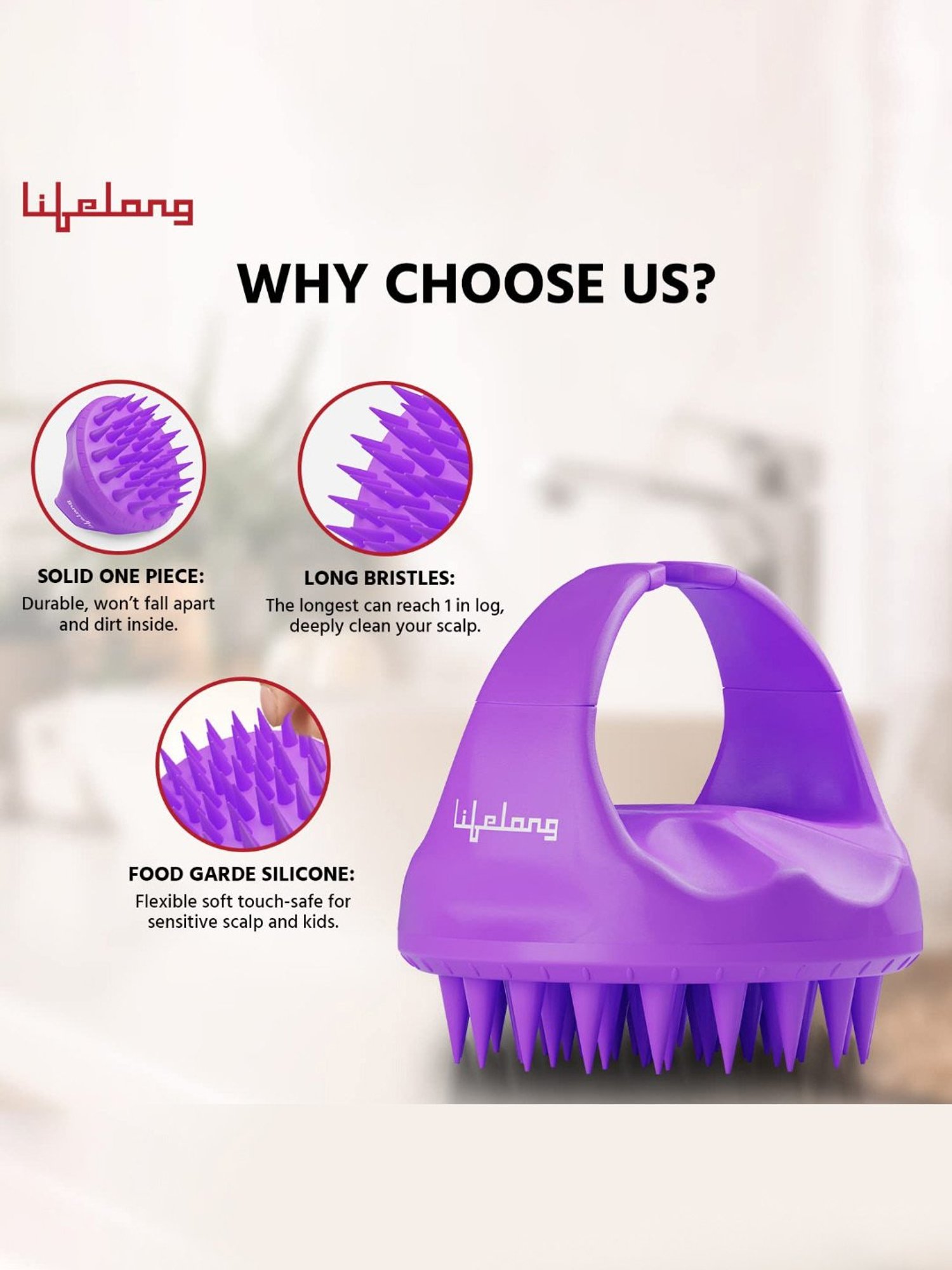 Lifelong LLM666 Silicone Scalp Massager Shampoo Brush with Body Scrubber (Purple)