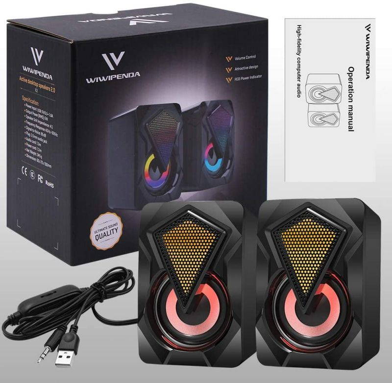 Computer Speakers X2 Wired PC Speaker 2.0 USB Gaming Powered Stereo Mini Multimedia Volume Control with RGB Lights 3.5mm Aux Input for Phone Tablets Desktop Laptop