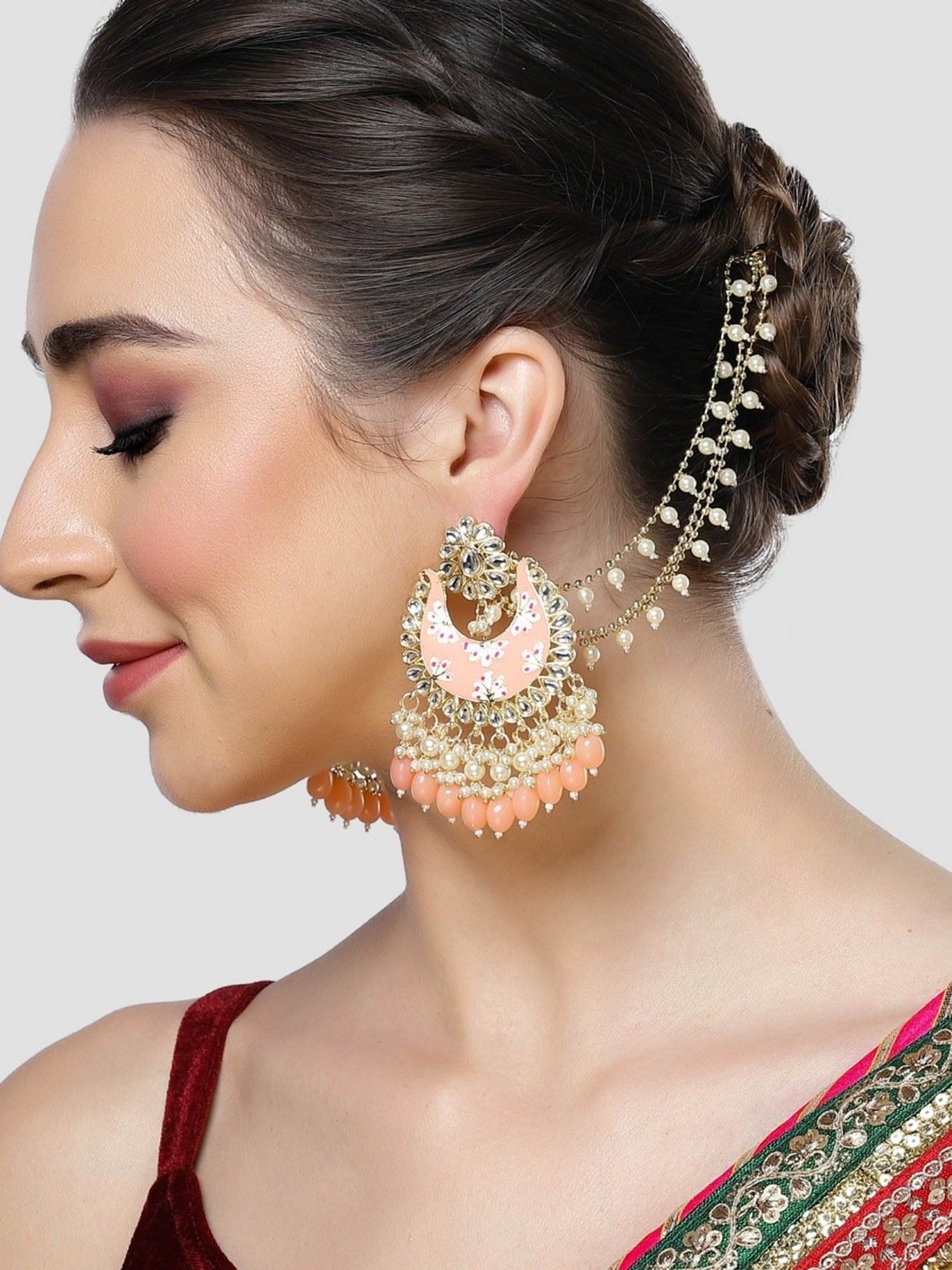 Karatcart Peach Meena Floral Design Gold Plated Pearl and Tumble Studded Kundan Kaanchain Earrings