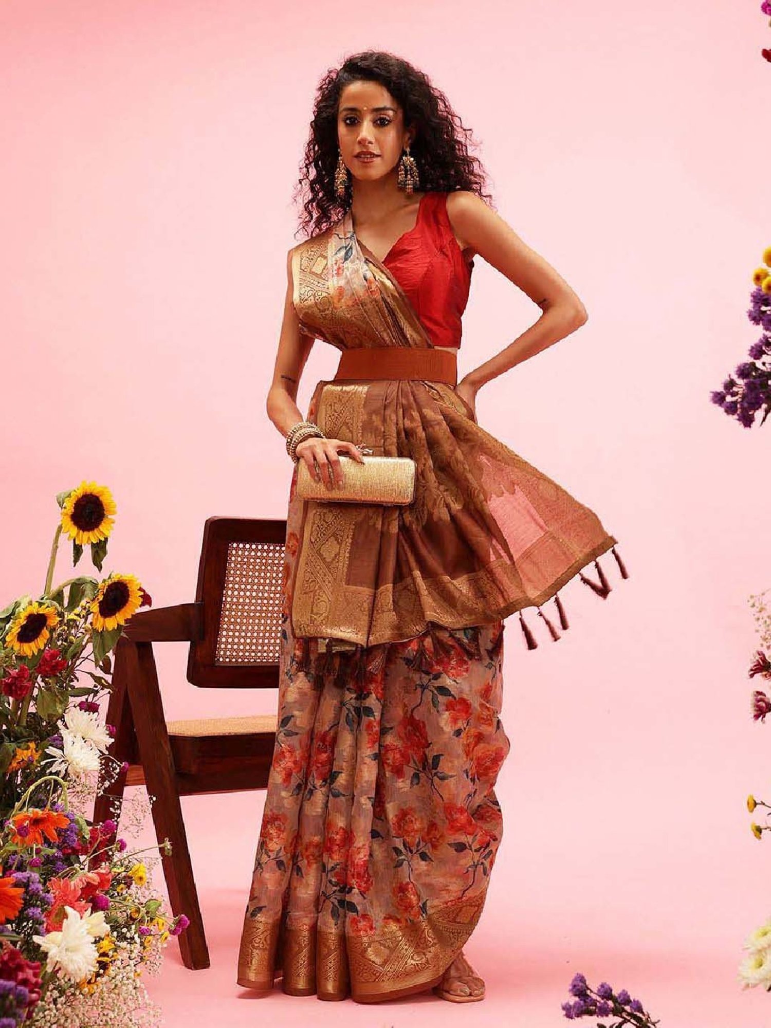 Silk Land Beige Cotton Printed Saree With Unstitched Blouse