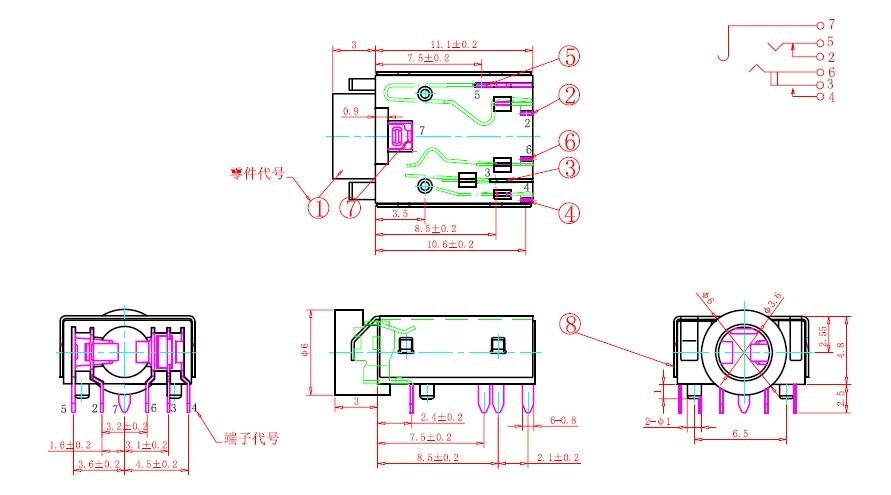 10 pcs Notebook TRS 3.5 mm audio Jack Through Holes PCB Horizontal 6 Pin 3 Pole Right Angle Tip Switch NO Ring Switch NC Shield
