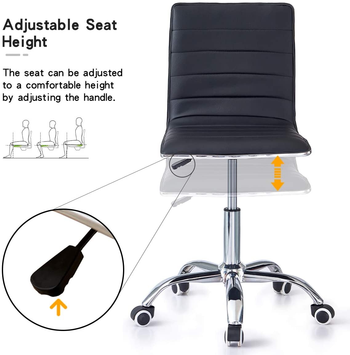 Ribbed Swivel Desk Chair Adjustable Task Chair PU Leather Mid Back Rolling Office Chair with Wheels Padded Task Conference Chair with Backrest for Office Home Computer Without Arms, White