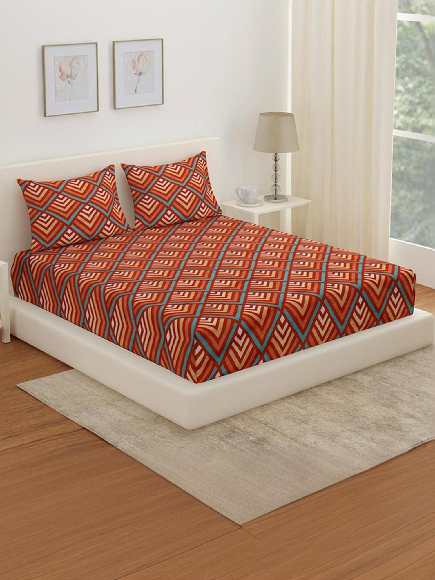 @Home Arias Red 165 TC Cotton King Bedsheet with 2 Pillow Covers
