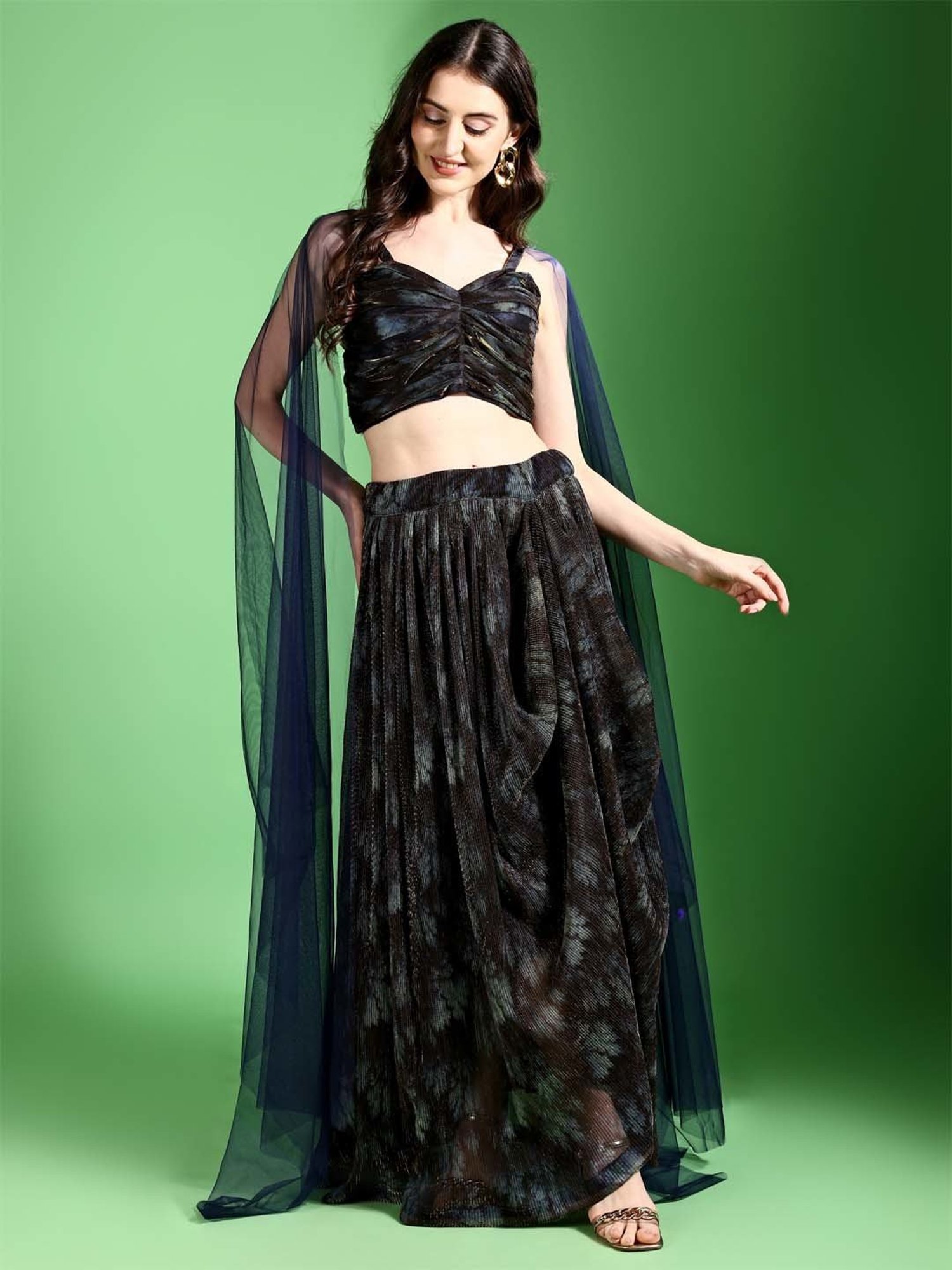 PURVAJA Navy Woven Lehenga Choli Set With Dupatta
