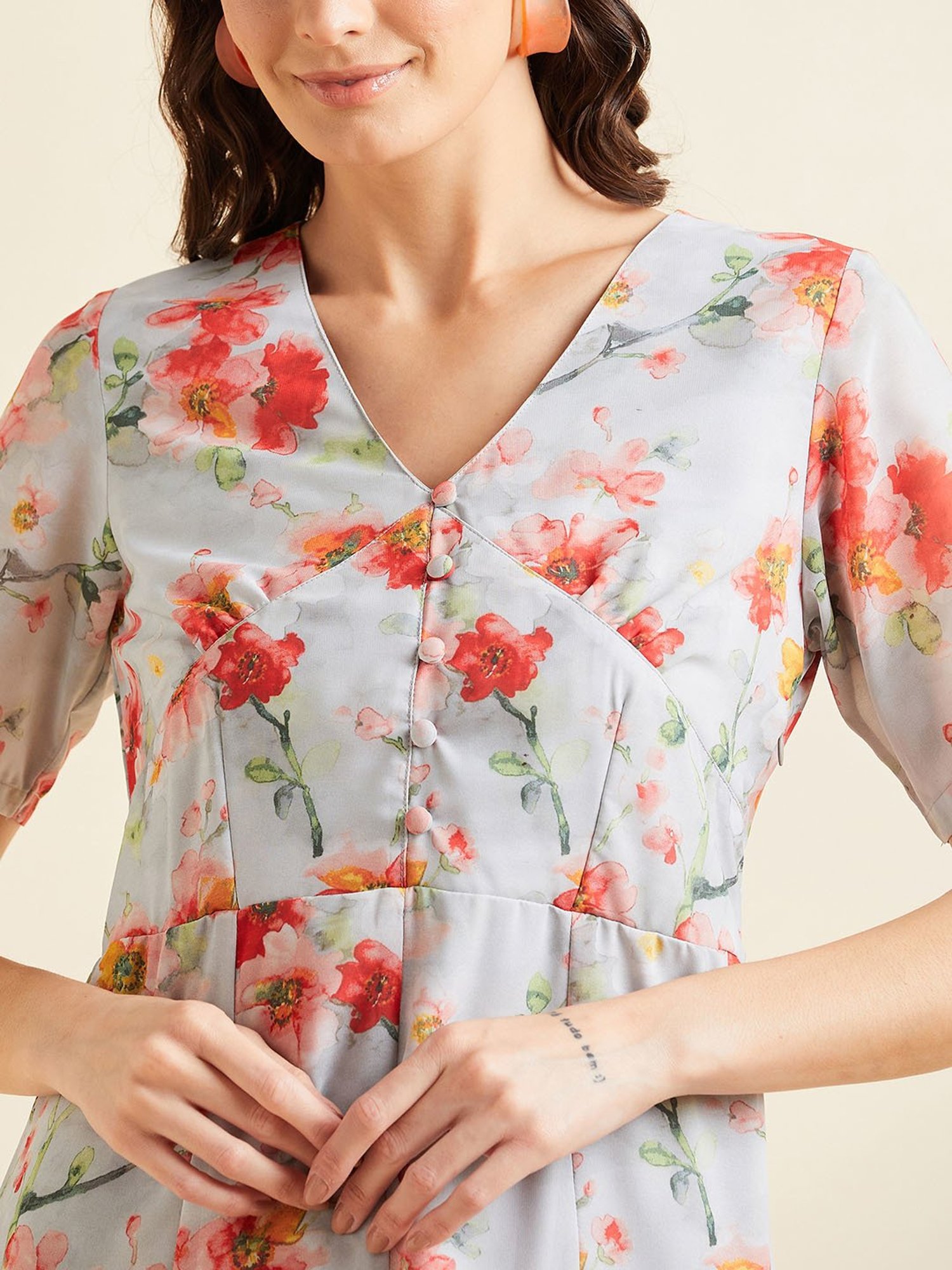 PANIT Grey Floral Print Ethnic Dress