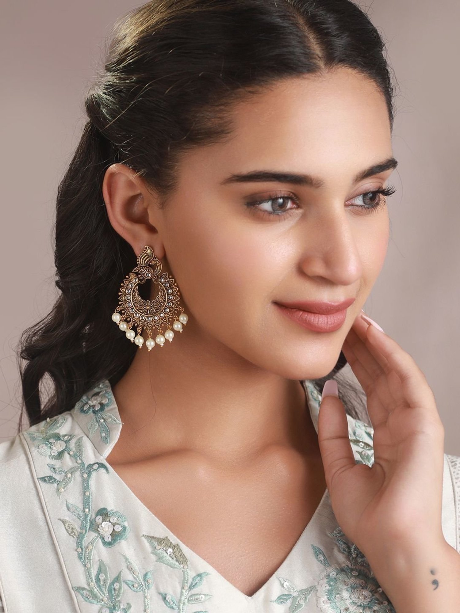 Priyaasi Peacock Pearl Gold-Plated Chand Bali Earrings