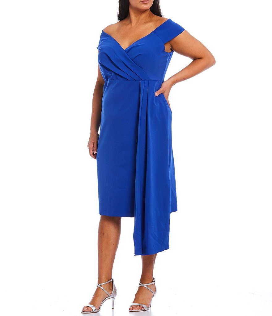 Eliza J Plus Size Crepe Off-the-Shoulder Asymmetrical Pleated Detail Cocktail Dress