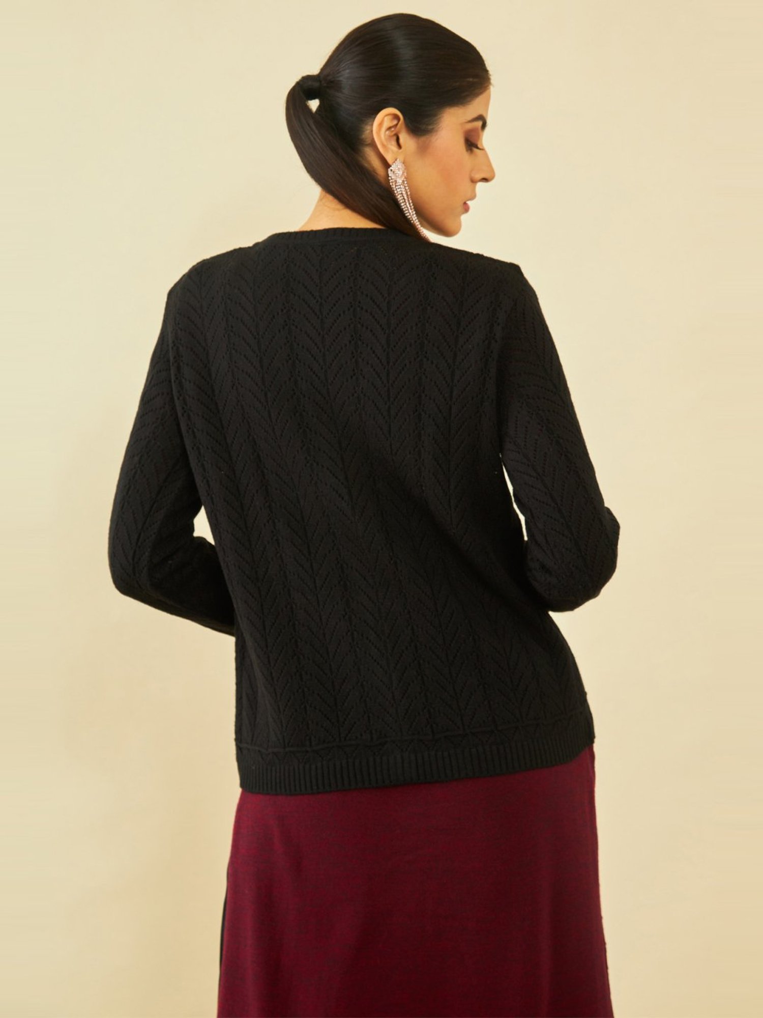 Soch Black Acrylic Chevron Pattern V-Neck Cardigan with Ribbed Hems