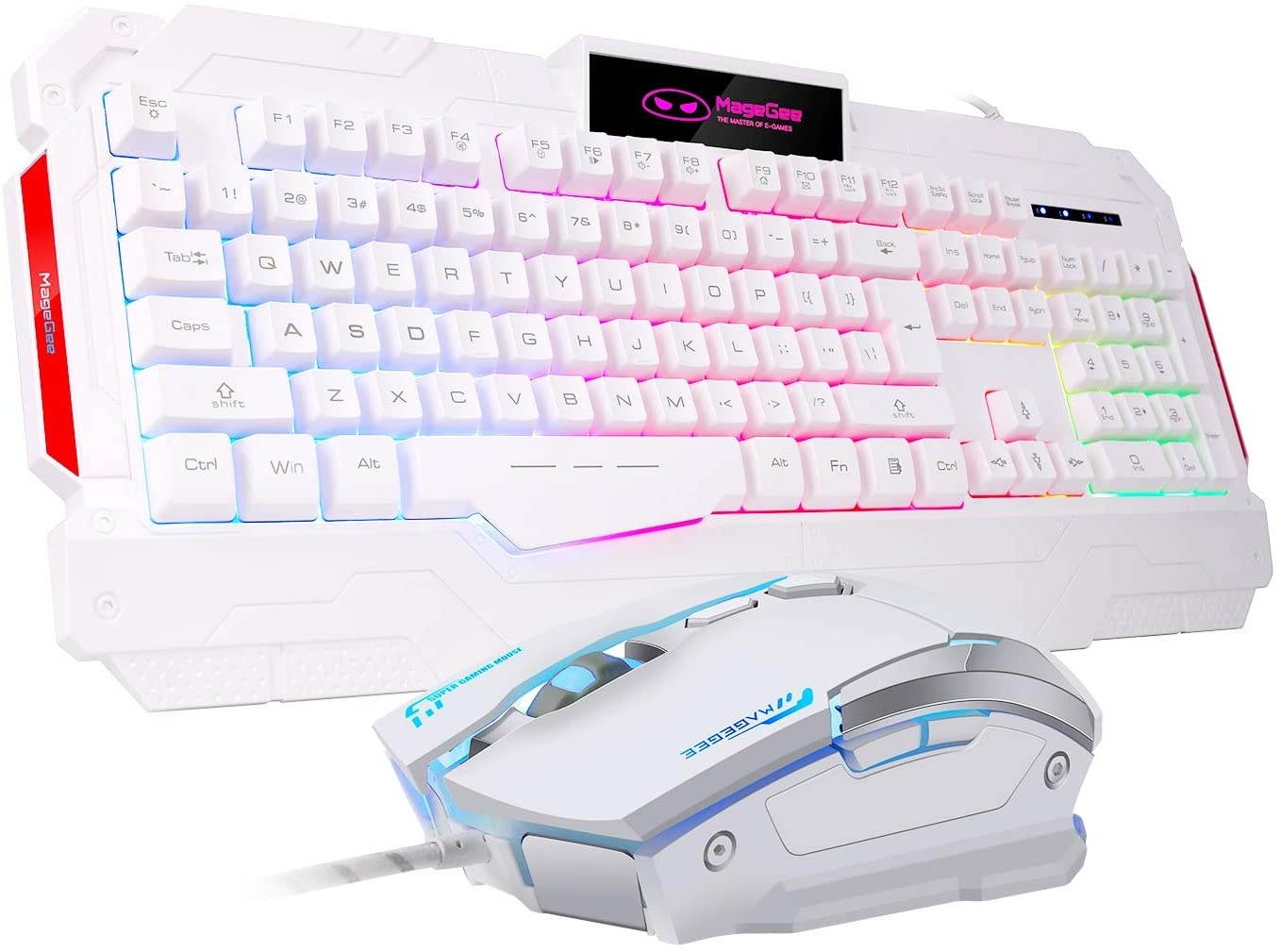 PC Gaming Keyboard and Mouse Combo, GK806 LED Rainbow Backlit USB Keyboard and Mouse Set, G7 Gaming Mouse and Keyboard 104 Key Computer PC Gaming Keyboard with Wrist Rest-White