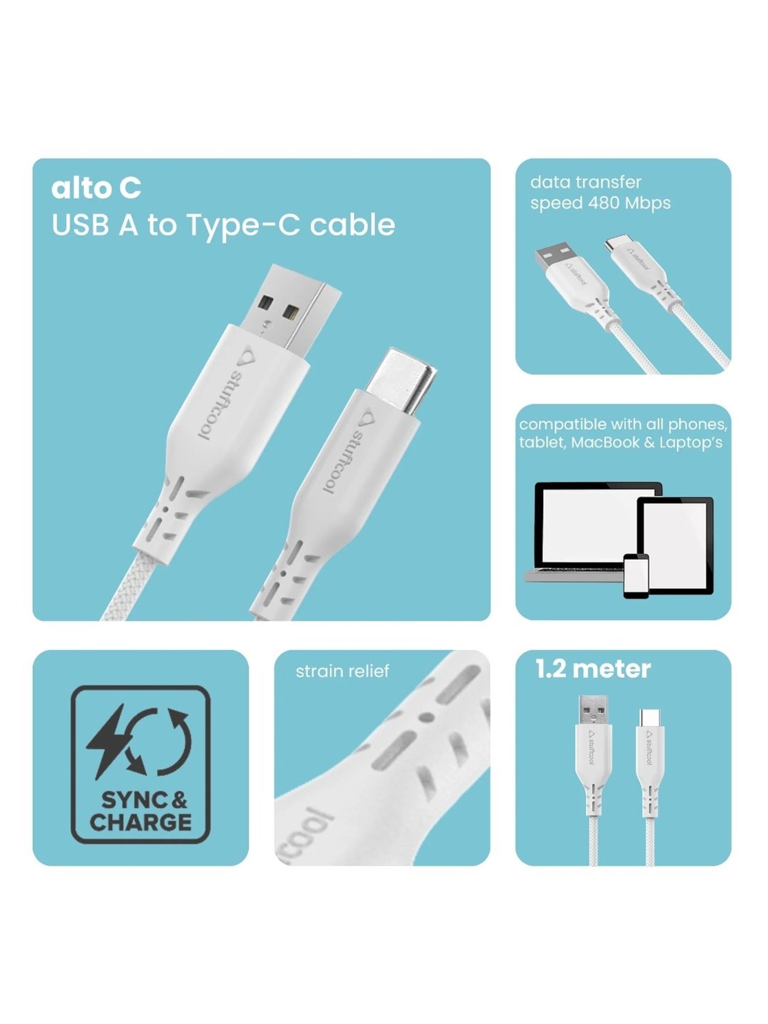 Stuffcool Alto USB A to C 6.5A 1.2 Meter Cable (White)