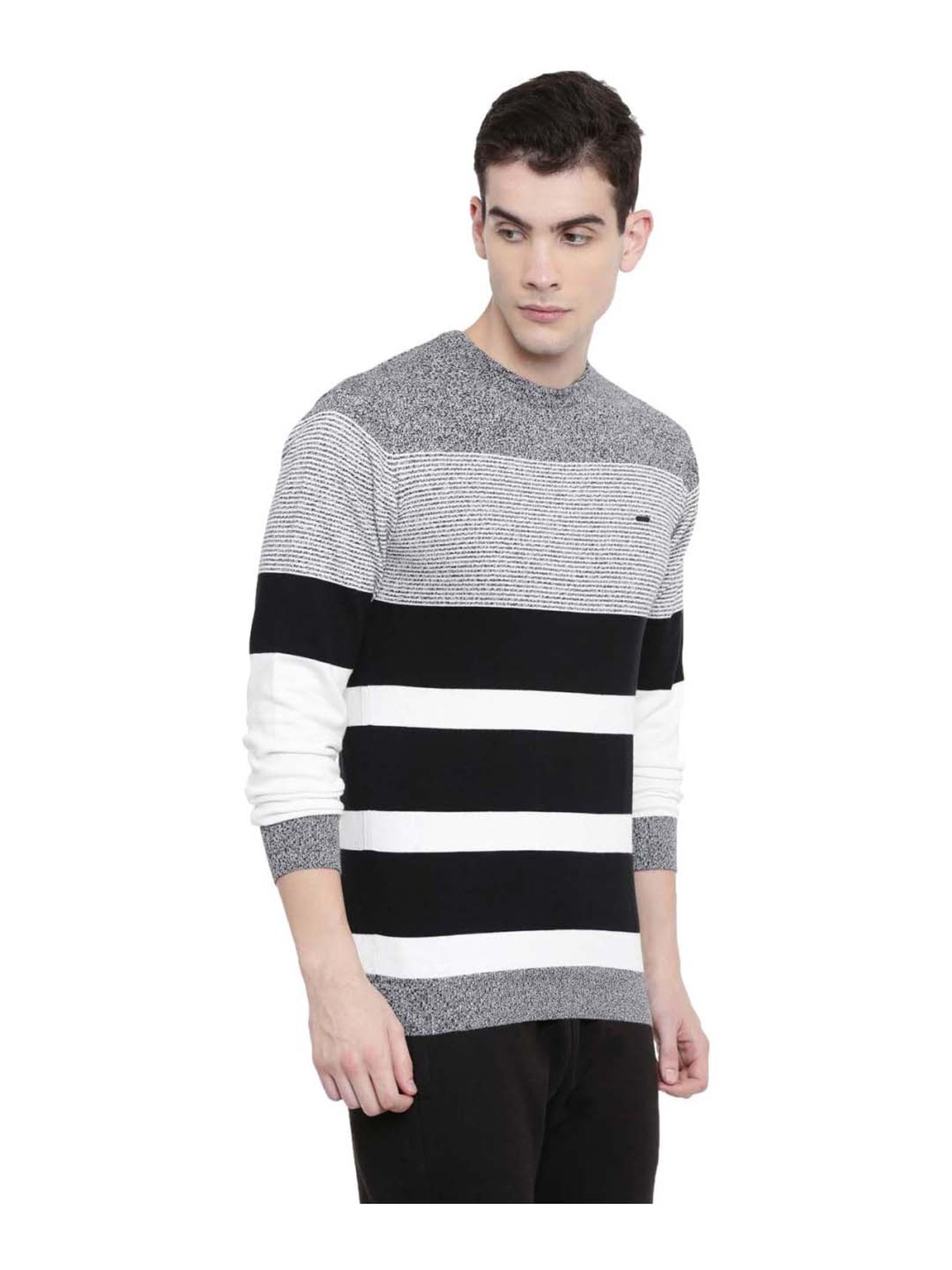 Proline Black & White Regular Fit Striped Sweater