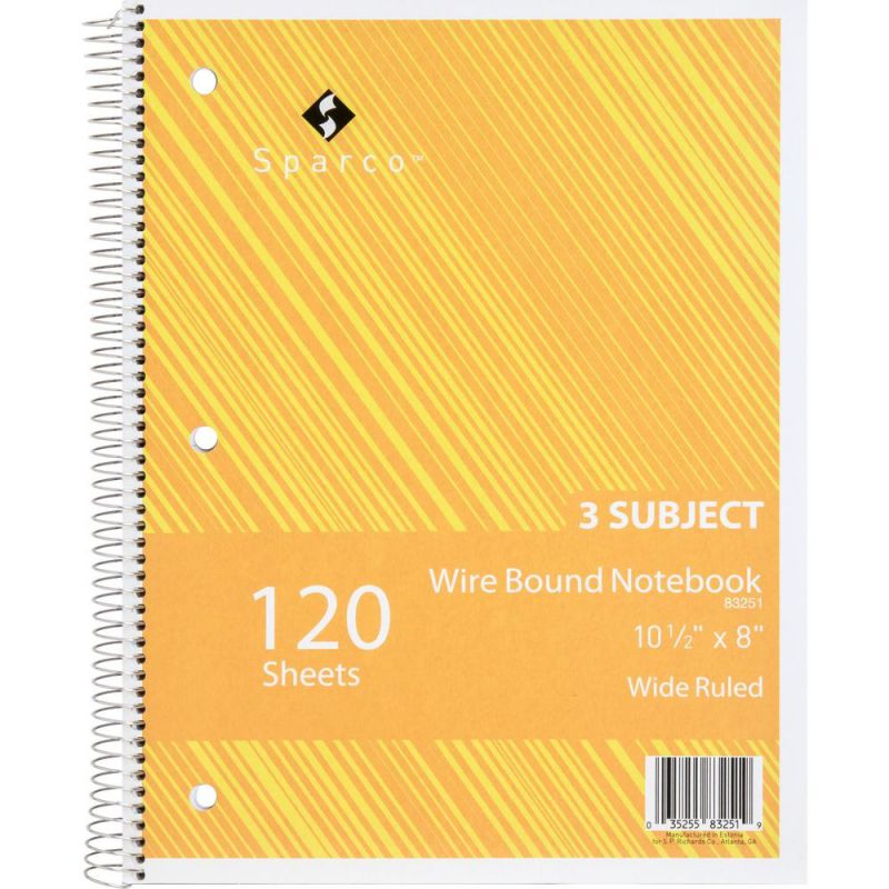 Sparco Notebooks 3 Subject 10-1/2"x8" Wide Ruled 120 Sht AST 83251