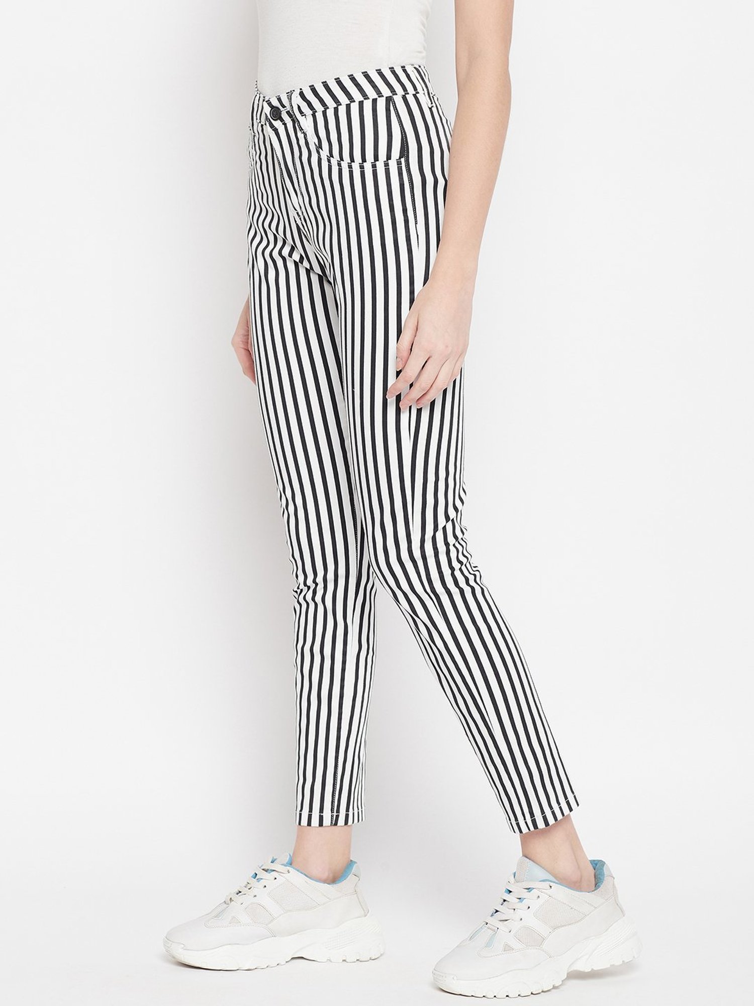 Crozo By Cantabil White Striped Regular Fit Mid Rise Trousers
