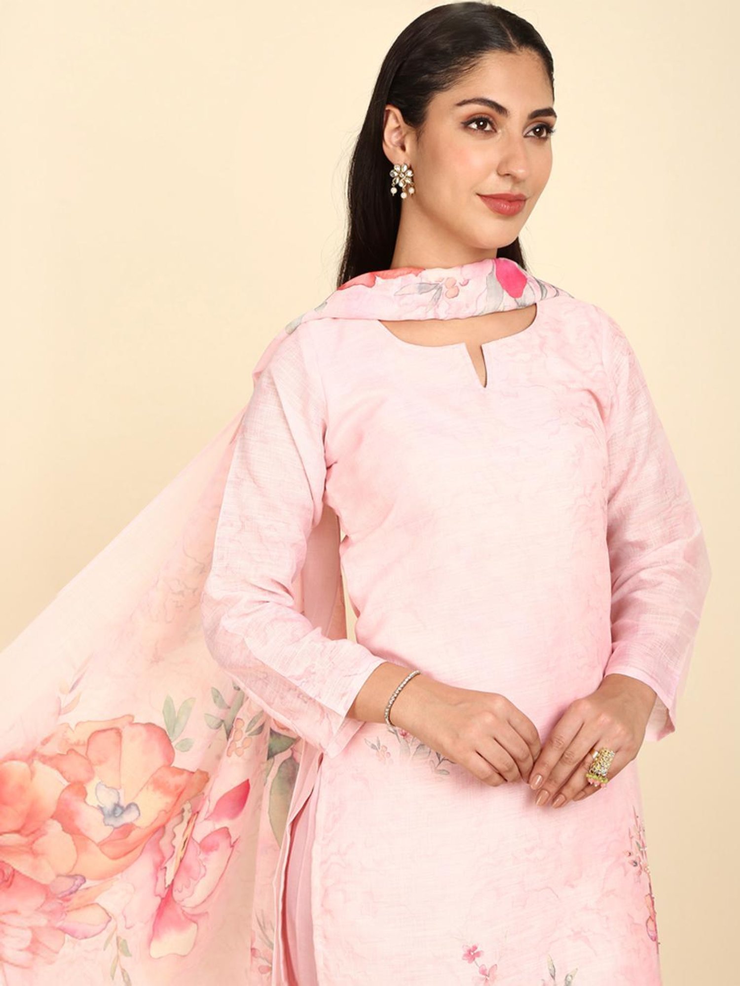 Soch Womens Pink Floral Print Linen Unstitch Dress Material With Beads And Stones