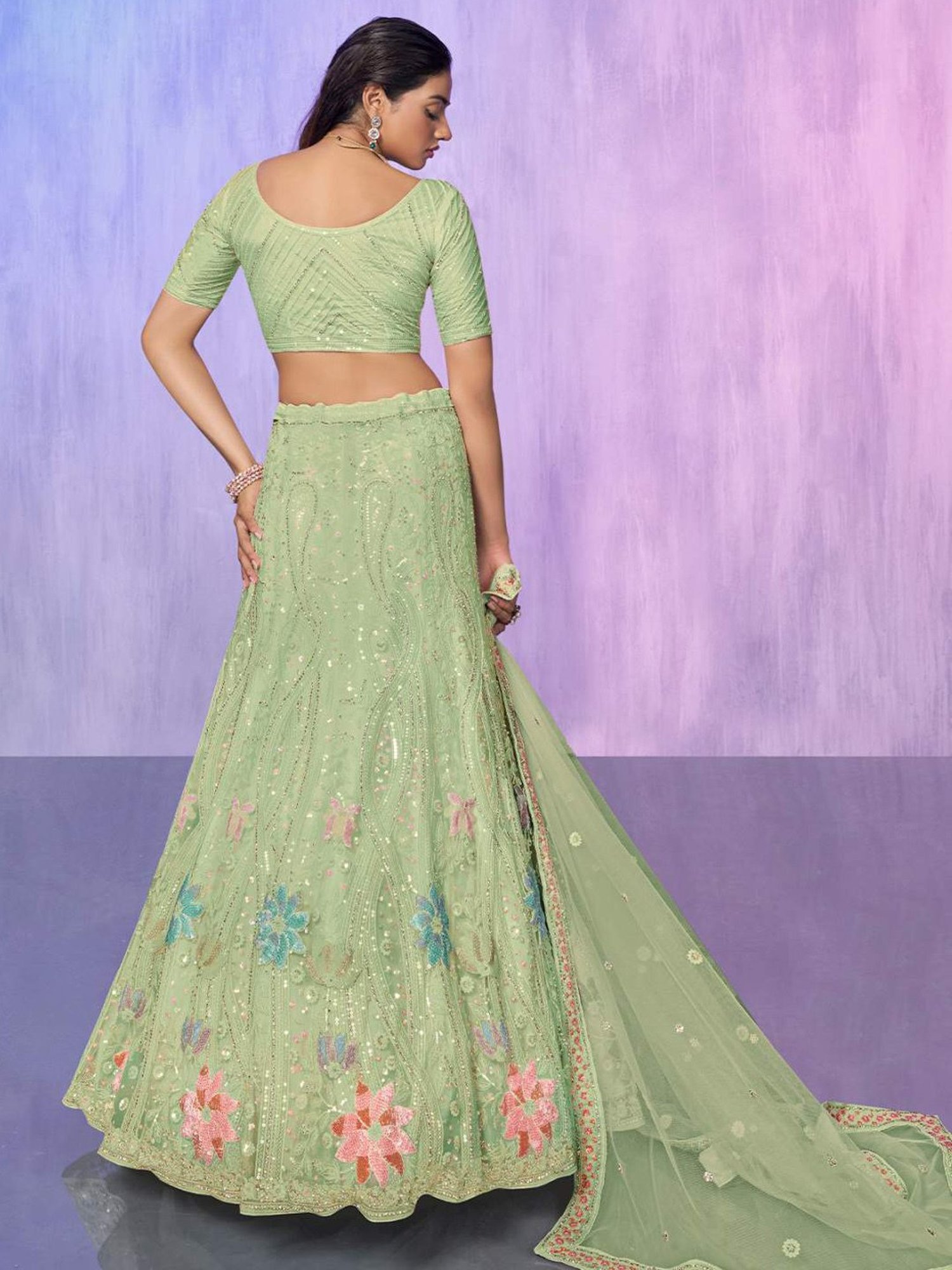 Odette Pista Green Embroidered Semi Stitched Lehenga Blouse Set With Dupatta
