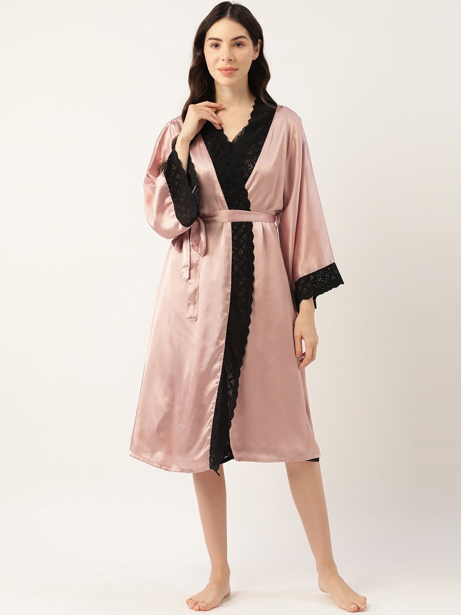 Ms.Lingies Peach Lace Work Nightwear With Robe