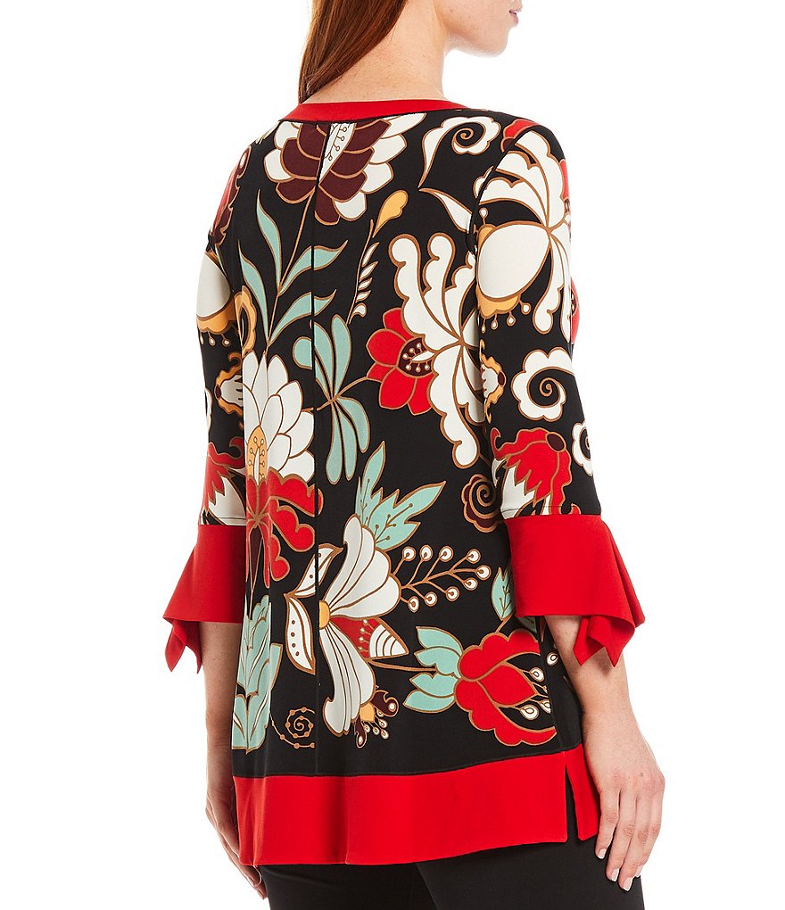 Eva Varro Contrast Trim Floral Print Knit 3/4 Flutter Sleeve Hi-Low Tunic