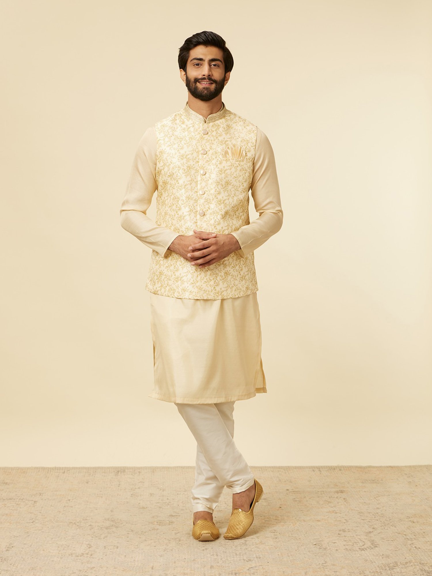 Manyavar Light Beige Regular Fit Printed Nehru Jacket