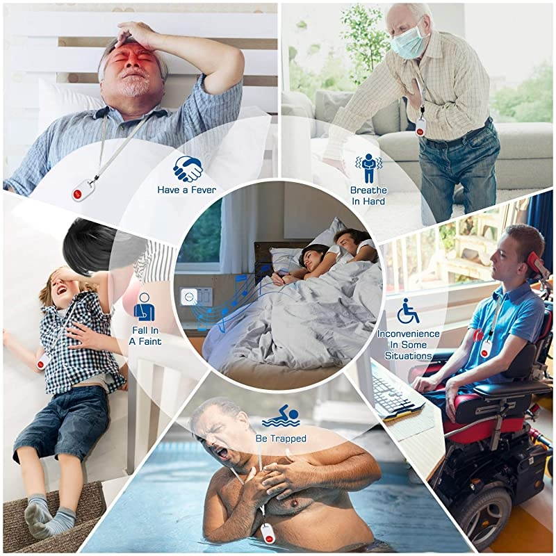 Caregiver Pager Nurse Call Alert Caregiver Pager with IP55 Waterproof SOS Call Button for Caregiver Alert System with Neck Strap 2 SOS Button+1 Receiver