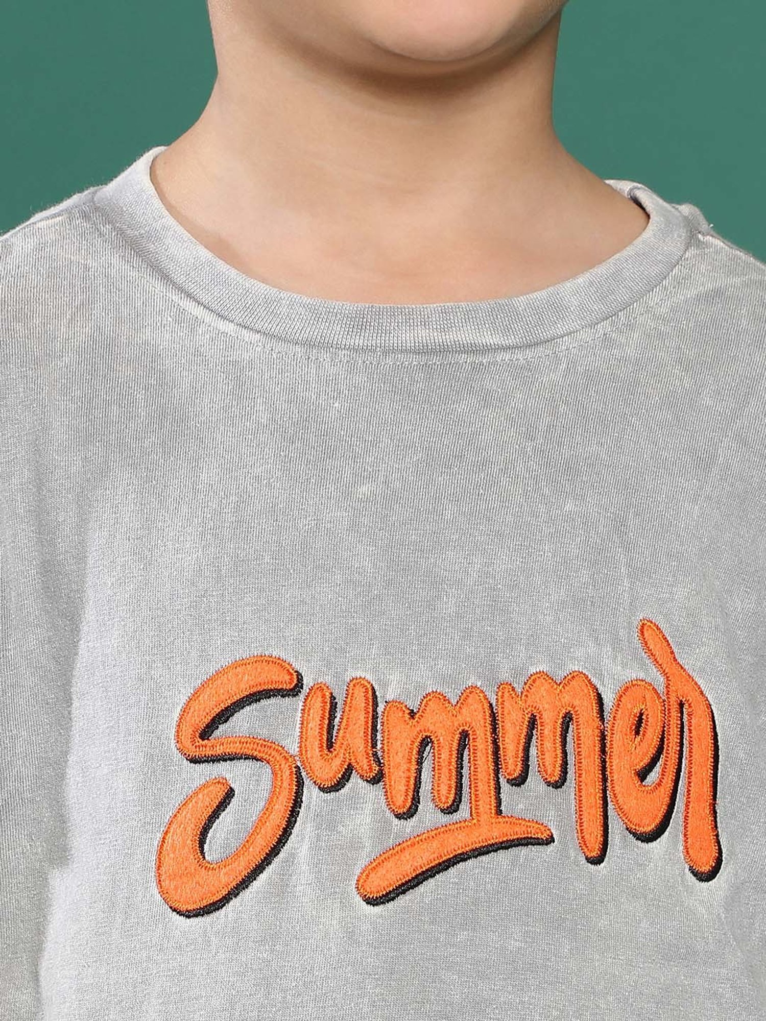 Tales & Stories Kids Grey Cotton Embroidered T-Shirt