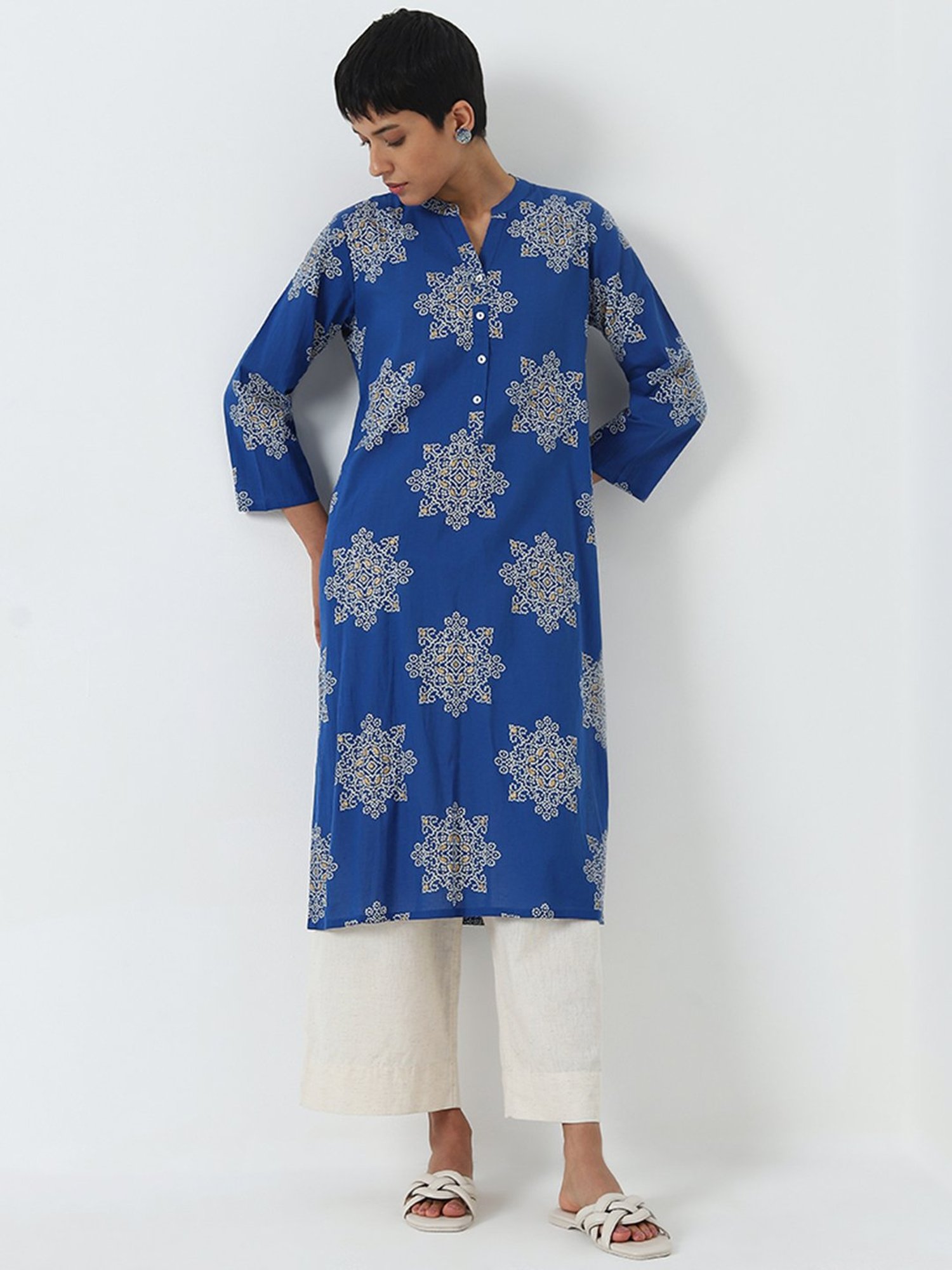 Utsa by Westside Dark Blue Bandhani Printed Straight Cotton Kurta