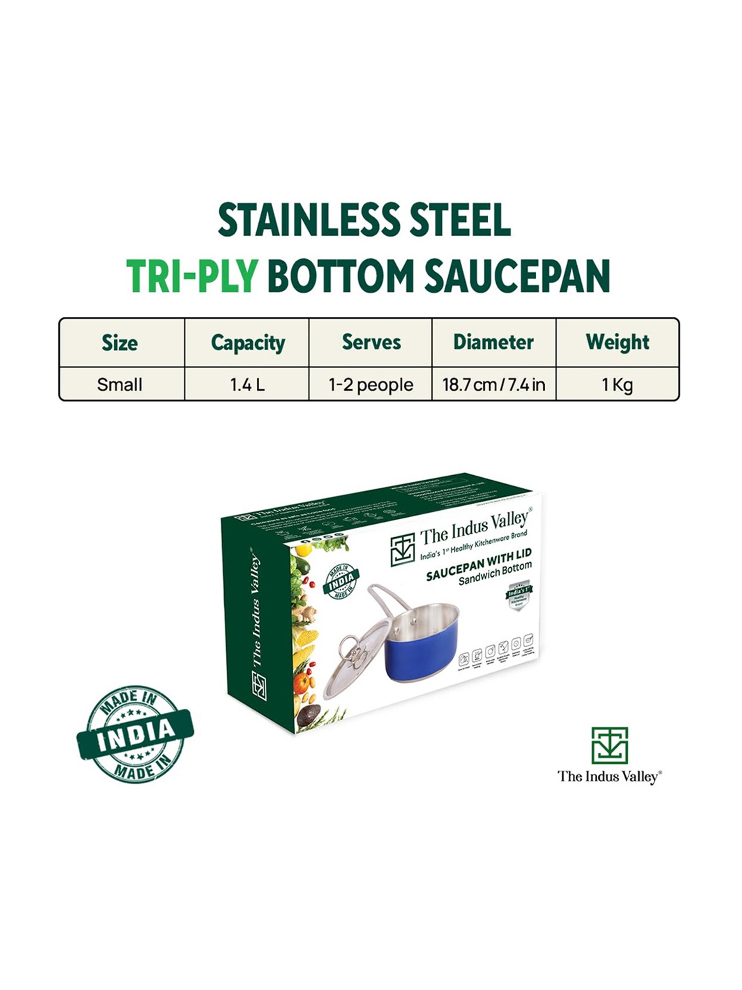 The Indus Valley Silver Stainless Steel Sauce Pan with Glass Lid (Dia:18.7cm, 1.4L)