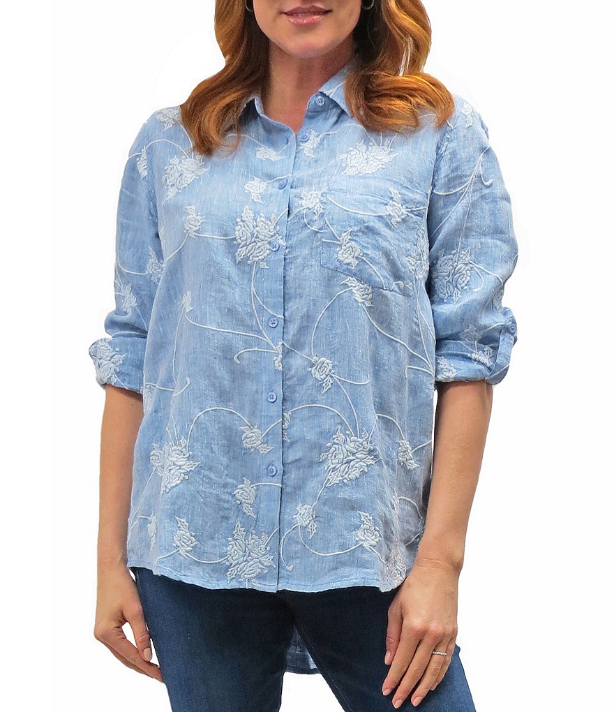 Karyn Seo Delilah All-Over Vintage Tonal Embroidered Roll-Tab Sleeve Button Down Chambray Linen Shirt
