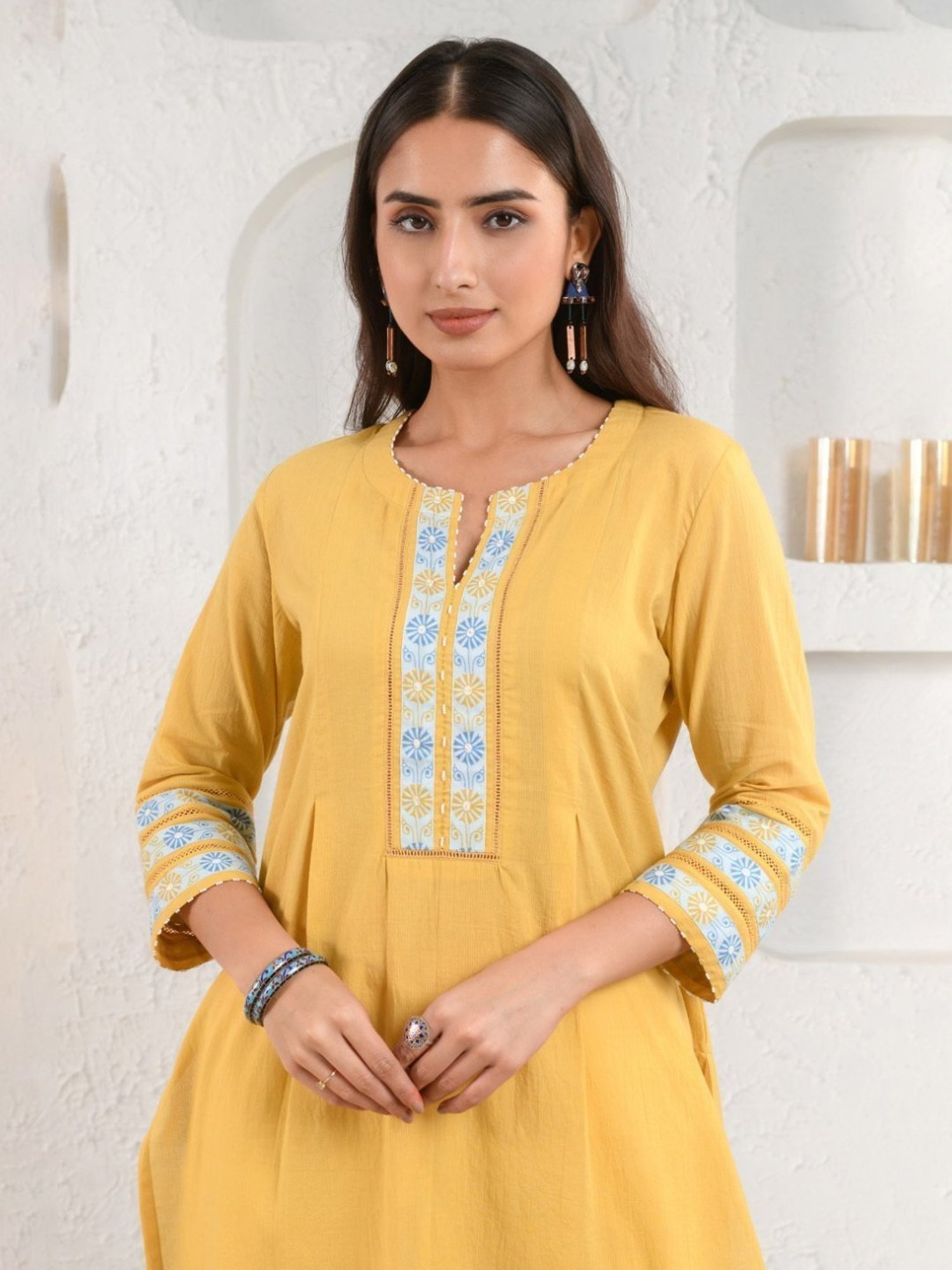 Prakriti Jaipur Yellow Embroidered Dobby Kurta