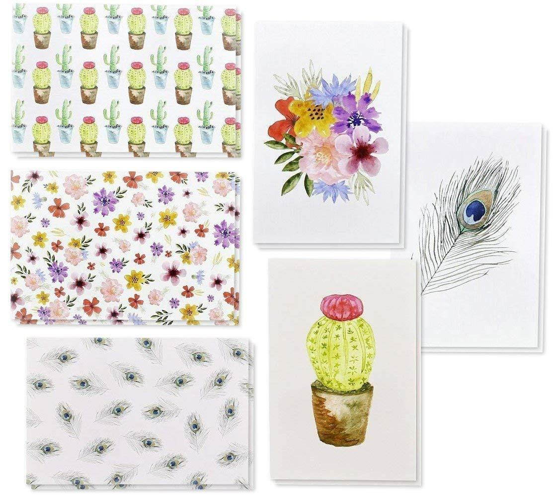 48 Pack All Occasion Assorted Blank Note Cards Greeting Cards Bulk Box Set - 6 Watercolor Designs, Cactus Cacti Floral Flower Peacock Feathers - Notecards with Envelopes Included 4 x 6 Inches