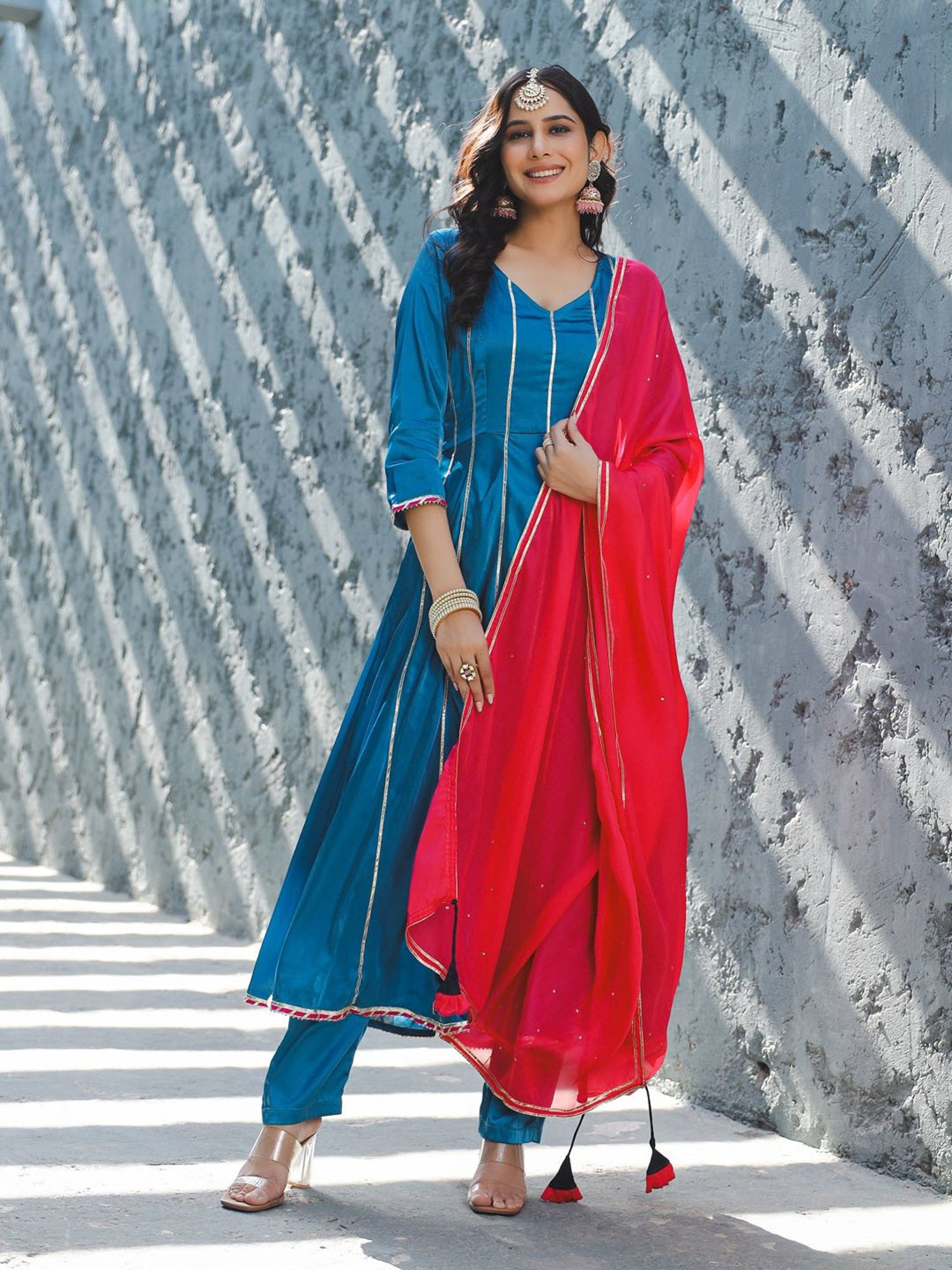 Thread and Button Satin Nora Blue Gota Worked Suit Set