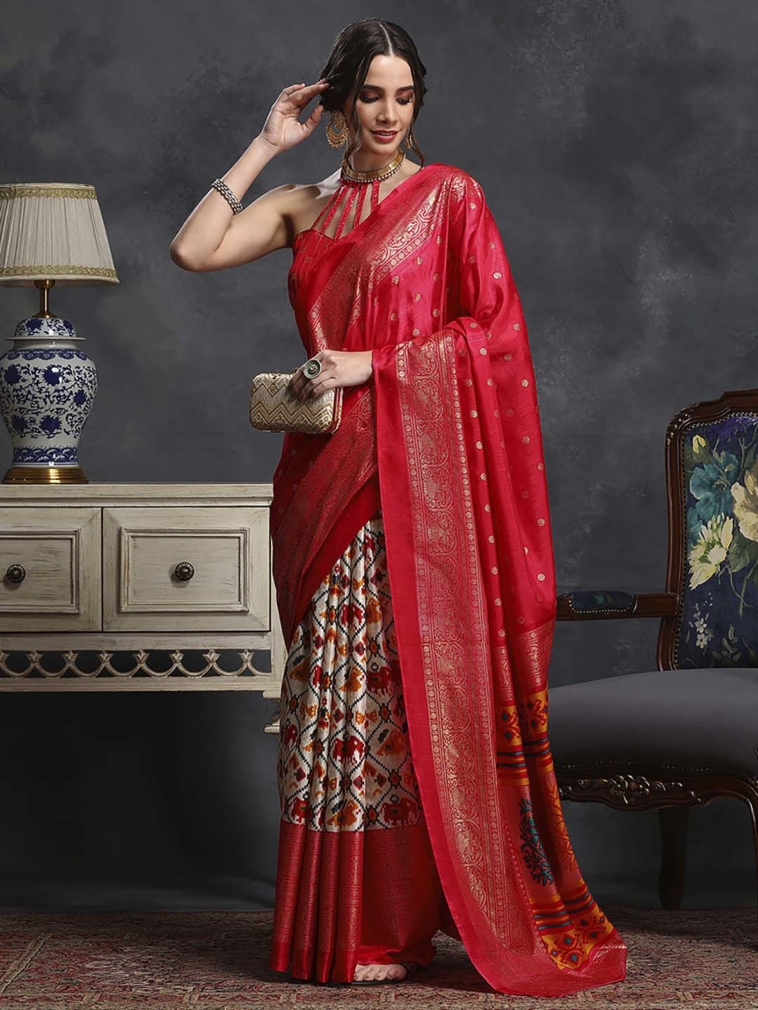 Saree Mall Pink & Beige Silk Printed Saree With Unstitched Blouse