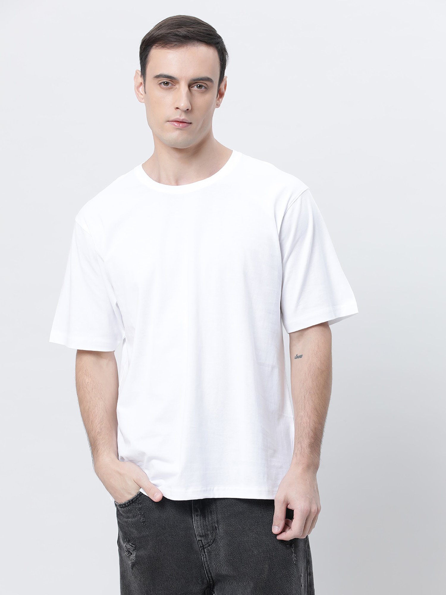 Kryptic White Relaxed Fit Printed Oversized Crew T-Shirt