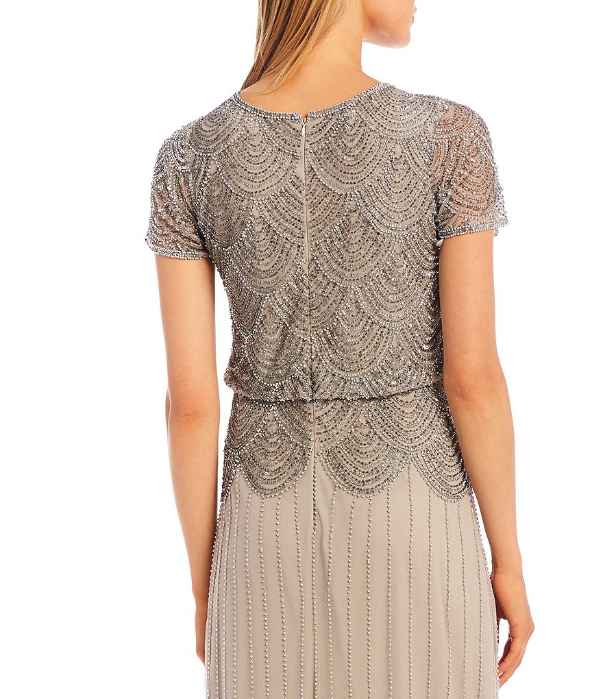 Pisarro Nights Scalloped Beaded Blouson V-Neck Short Sleeve Long Dress