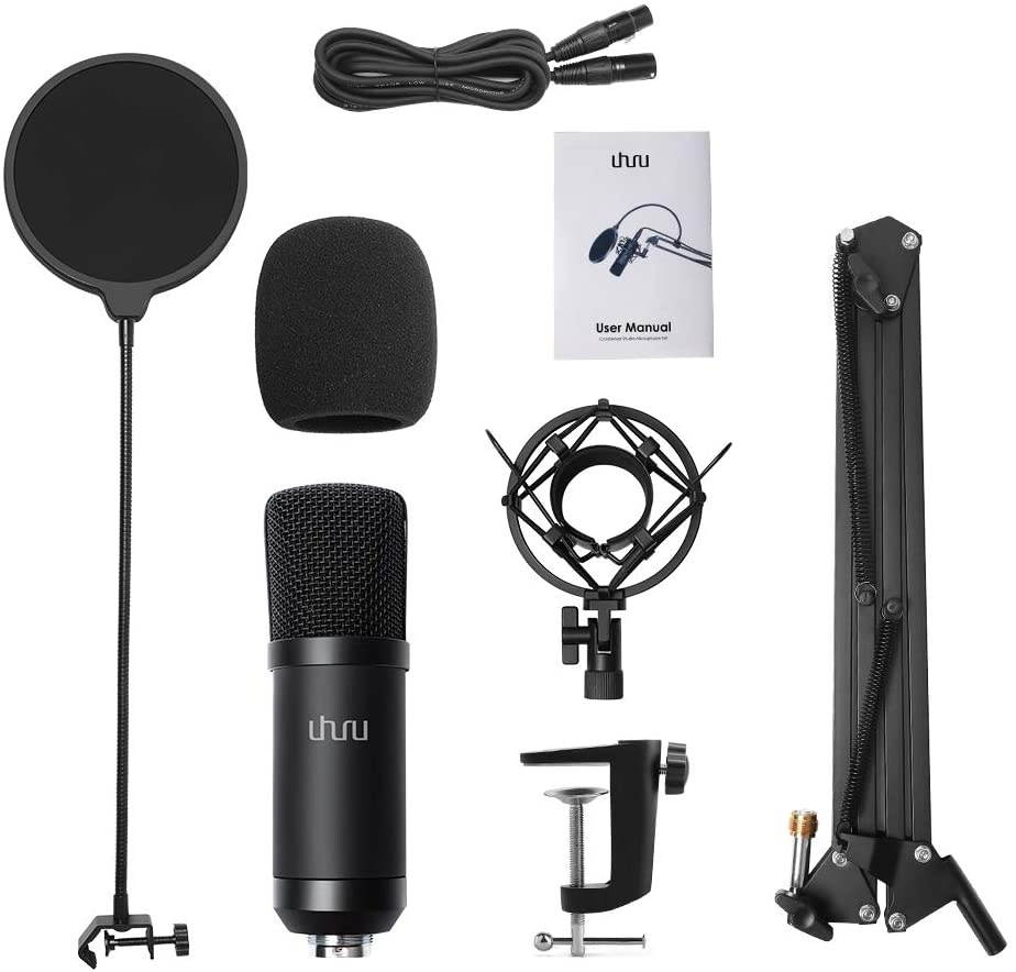 Condenser Microphone, Professional Studio Cardioid Microphone Kit with Boom Arm, Shock Mount, Pop Filter, Windscreen and XLR Cable, for Broadcasting,Recording,Chatting and YouTube