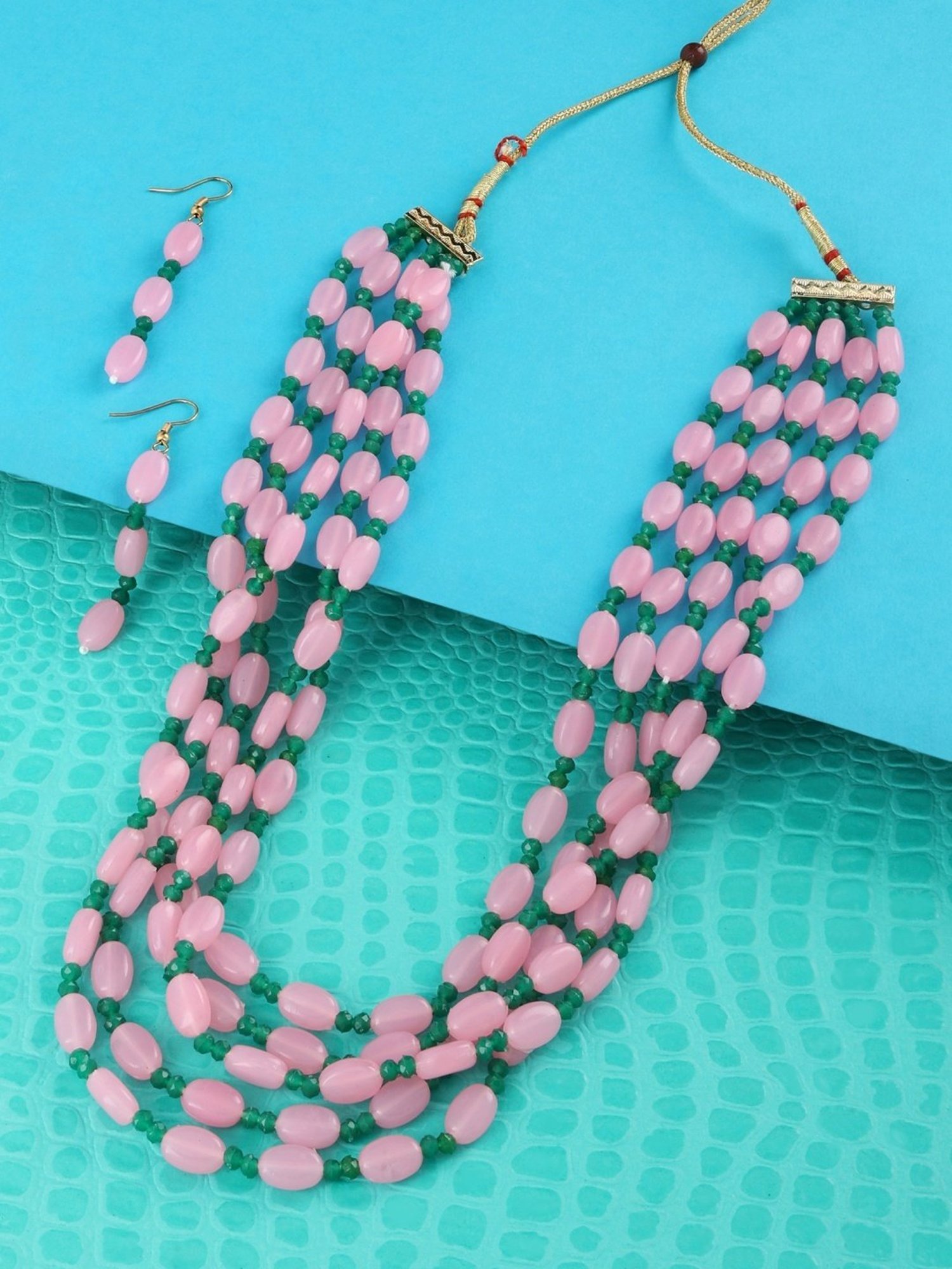 Zaveri Pearls Pink & Green Multi Layers Beaded Necklace & Earring Set
