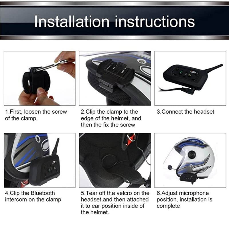 Intercom Bluetooth Helmet Headset V6 1200 Meter Full Duplex RealTime Motorbike Wireless Headphone 6 Riders Communicator Talk for Skiing Motorbike Camping 1 Pack