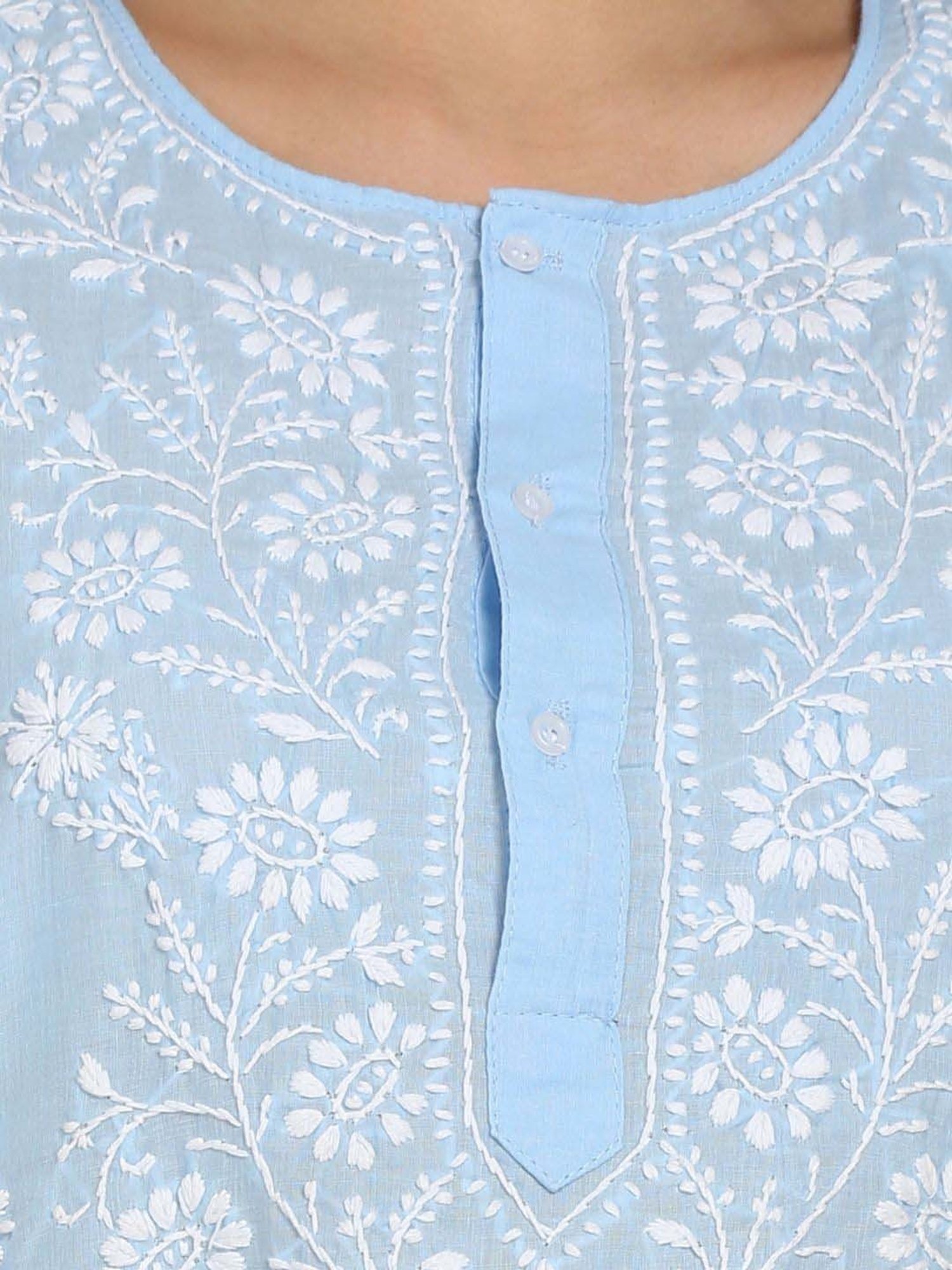 PARAMOUNT CHIKAN Powder Blue Cotton Chikankari Straight Kurti