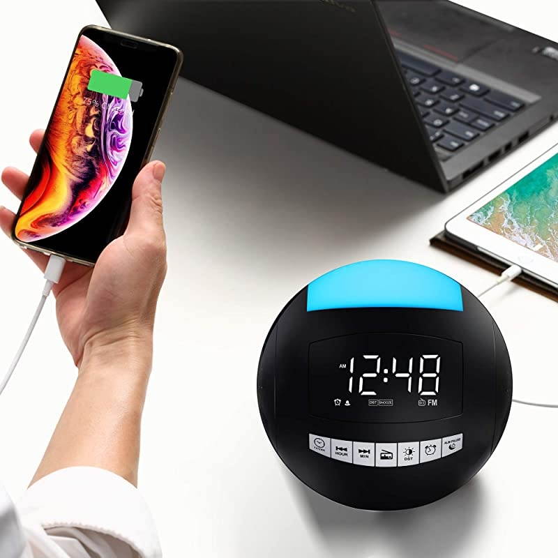 Digital Alarm Clock FM Radio7 Colors LED Night LightDual USB Chargers1224HDSTWhite Digits with Dimmer SnoozePlug in Battery OperatedDesign for Adults Kids Heavy Sleeper Elderly Bedroom
