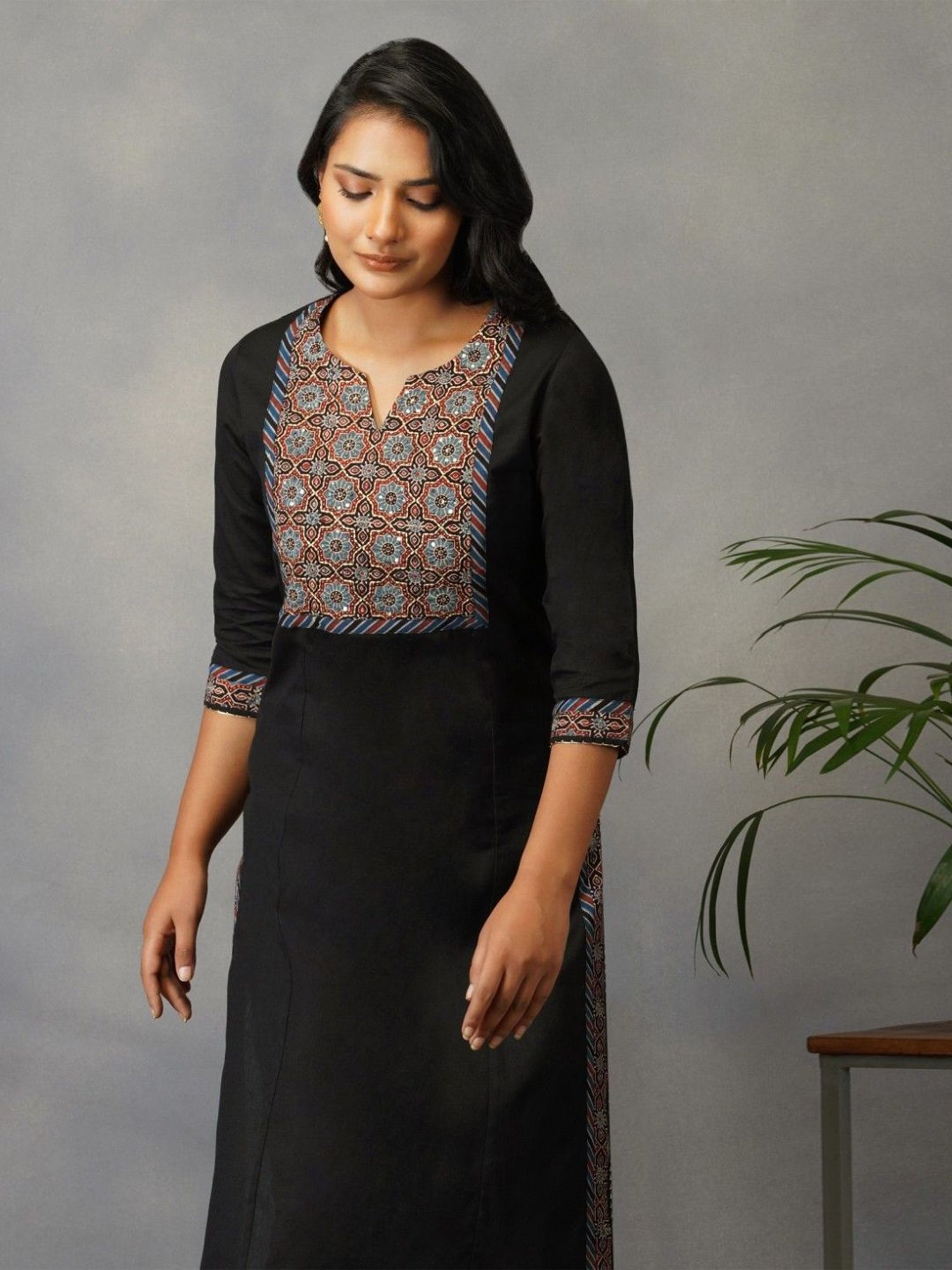 Akiso Bakhair Black Straight Kurta With Ajrak Yoke In Zari Embroidery Set With Pants