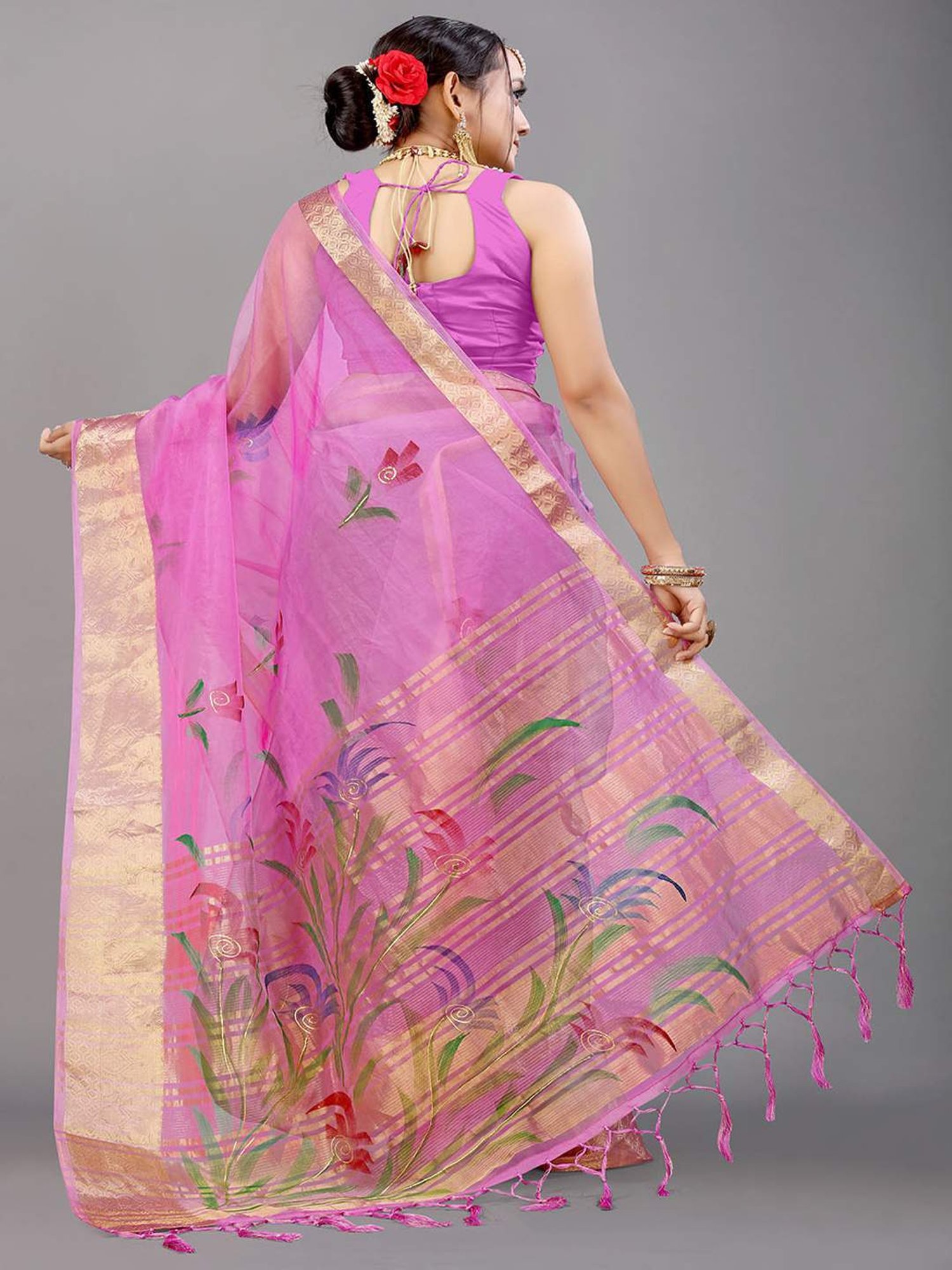 SHUBHKALA Pink Silk Woven Saree With Unstitched Blouse
