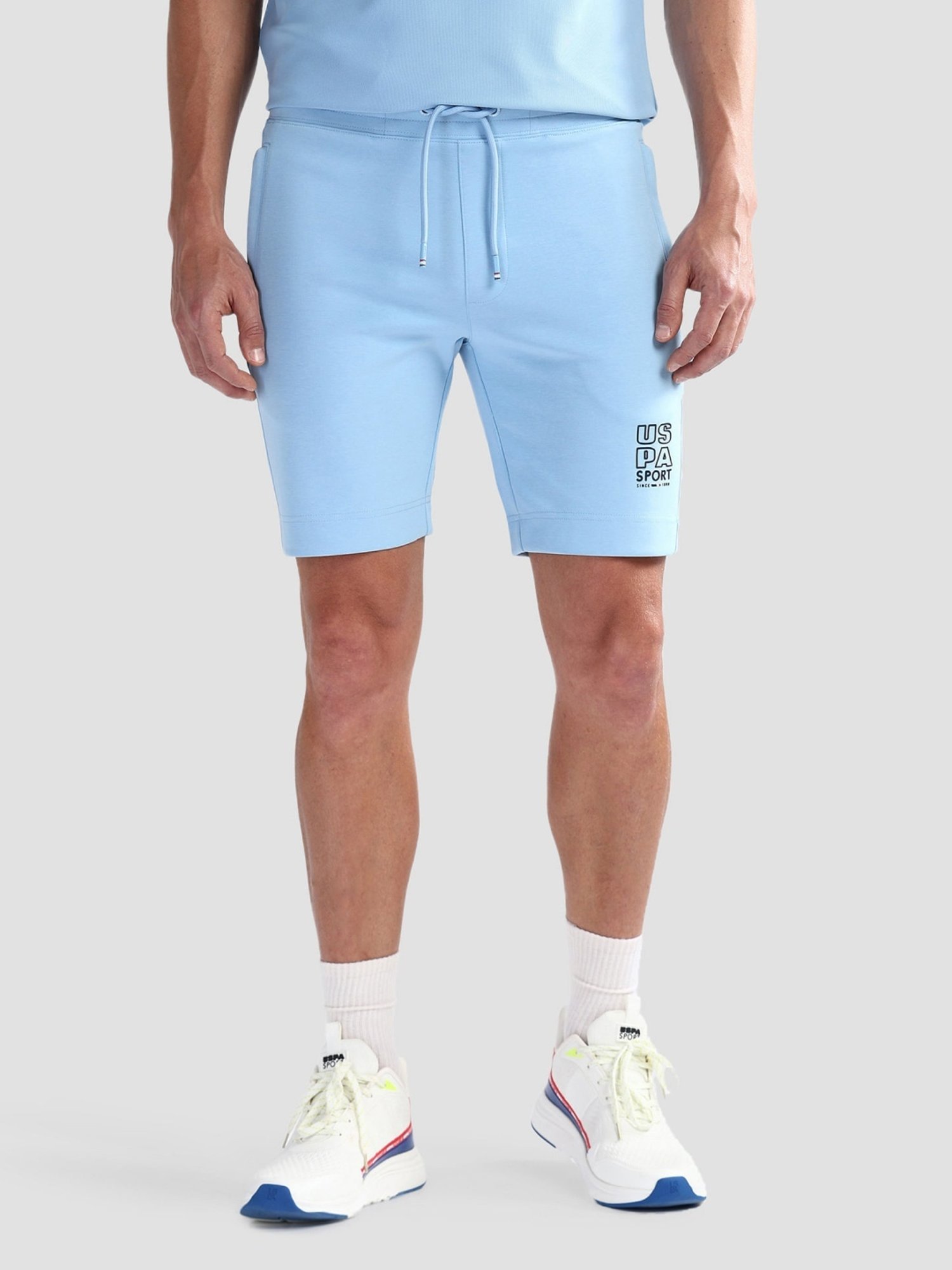 USPA Active Sky Blue Slim Fit Logo Printed Sports Shorts