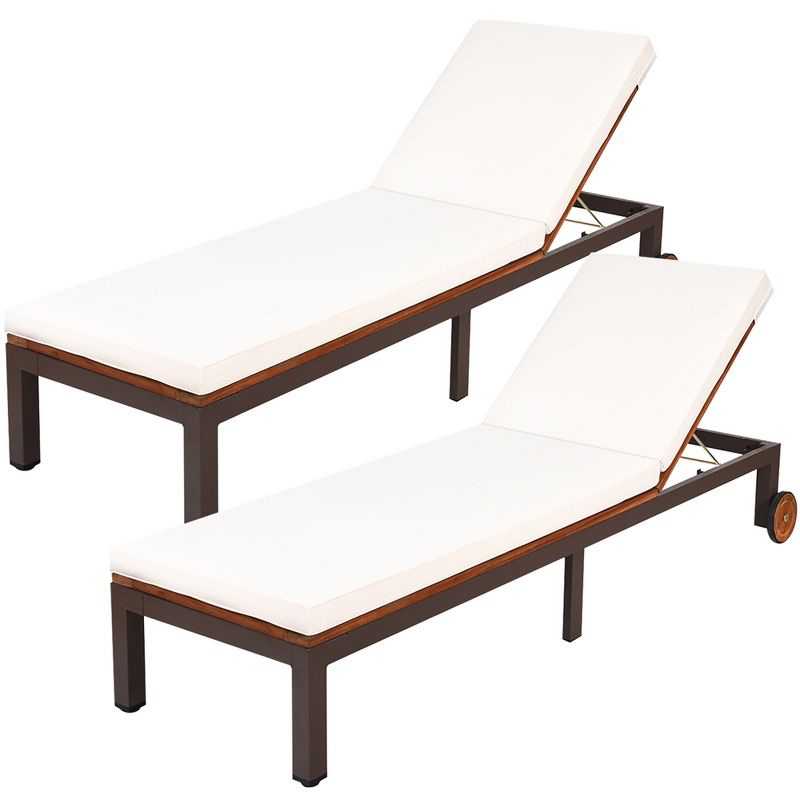 Costway 2PCS Patio Acacia Wood Lounge Chair Chaise Recliner Adjustable Backrest Cushion