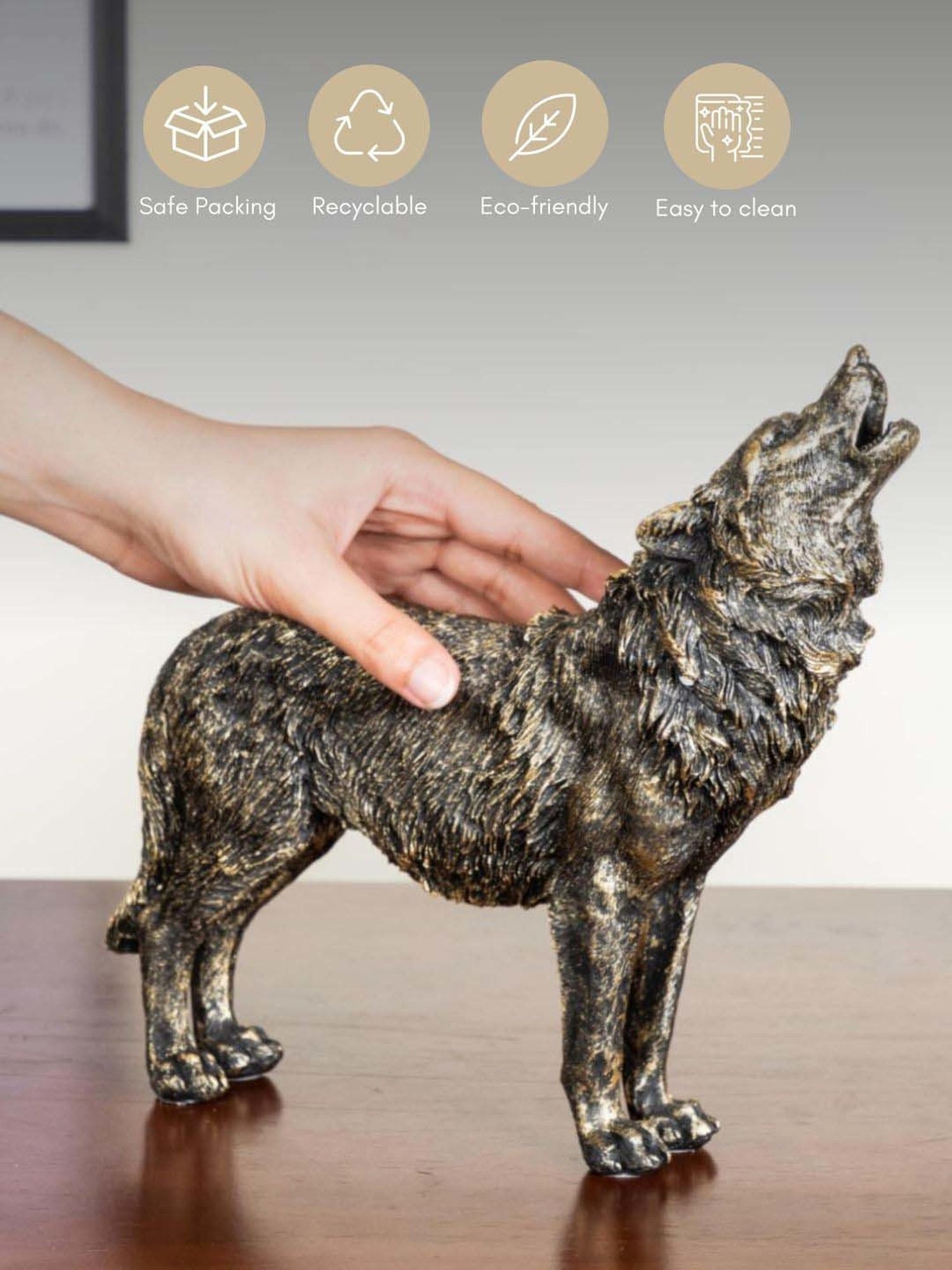 Nestasia Gold Detailed Intricate Textured Antique Howling Wolf Showpiece With Anti Skid Base 9"