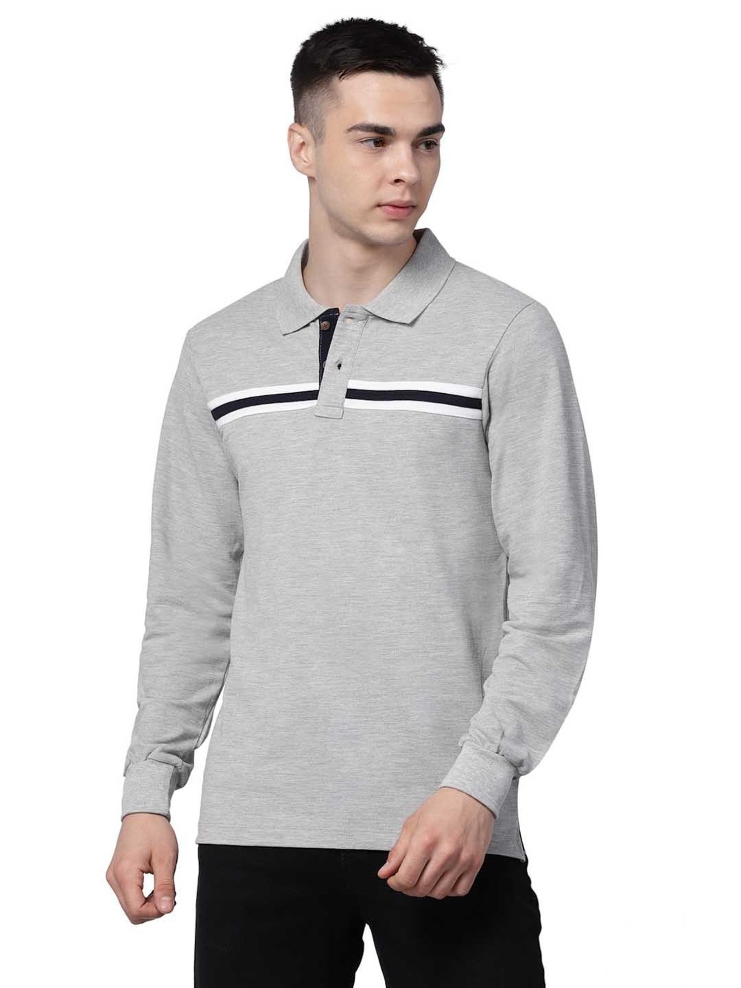 Kalt Light Grey Regular Fit Striped Polo T-Shirt